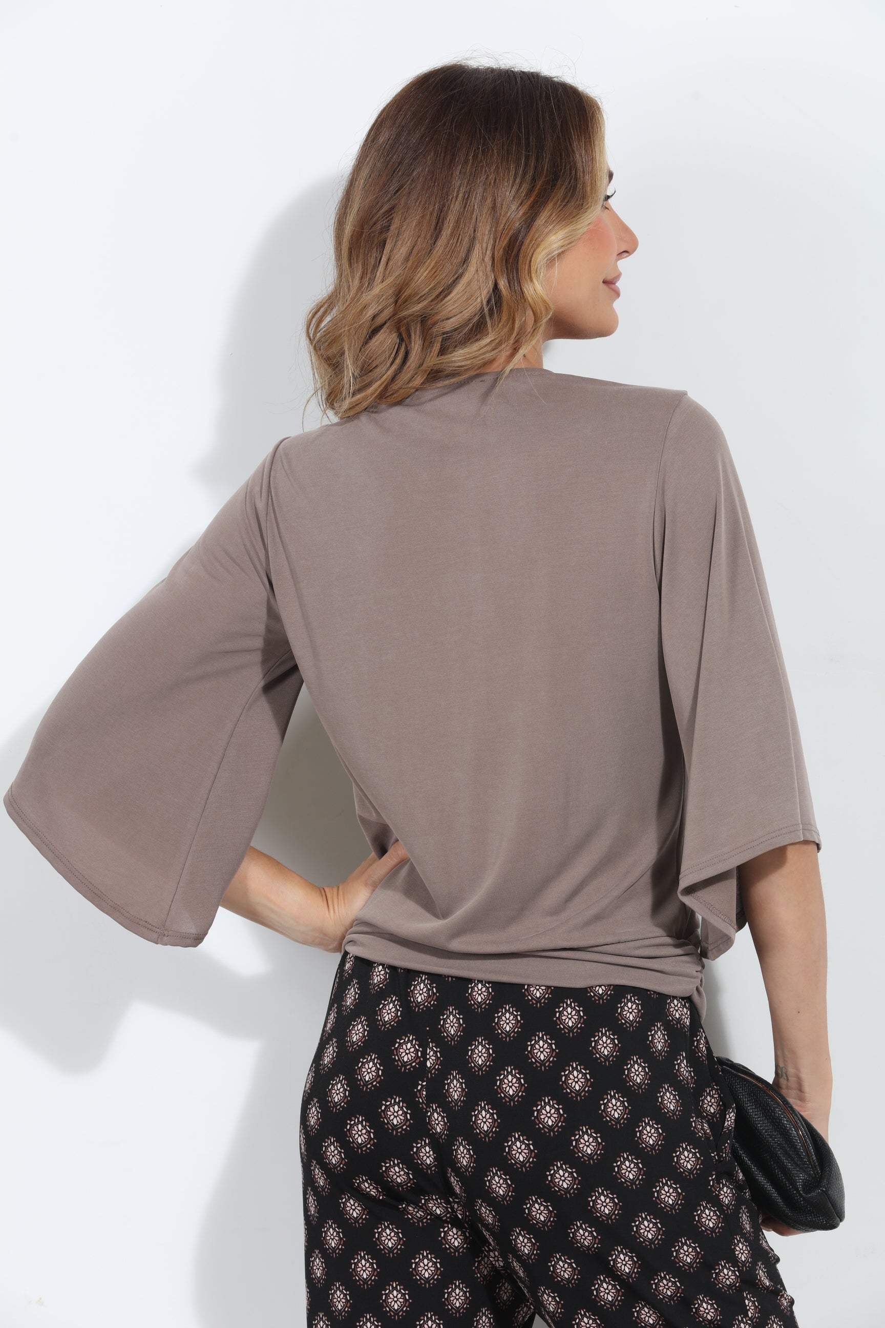 Dark Taupe Cupro Stretch Banded Kimono Top