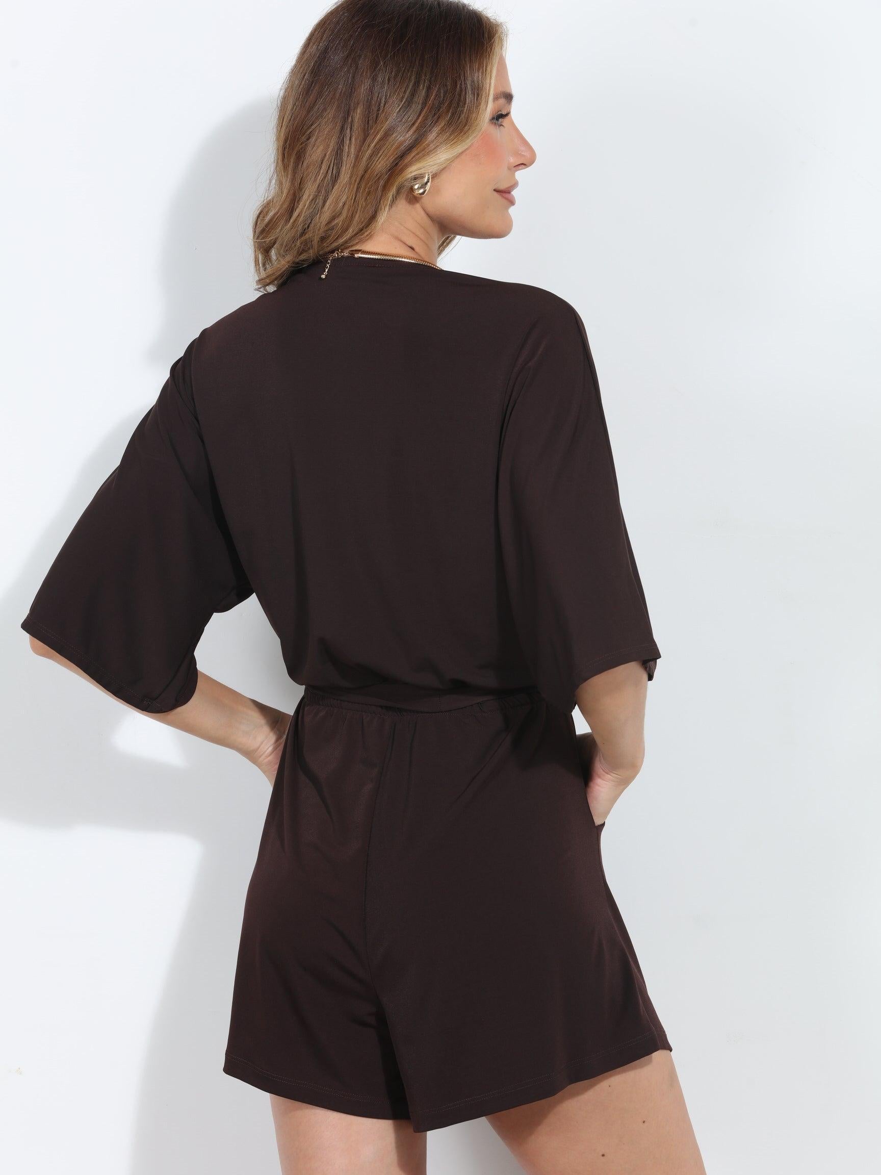 Chocolate Kimono Sleeve Stretch Romper - BEST SELLER