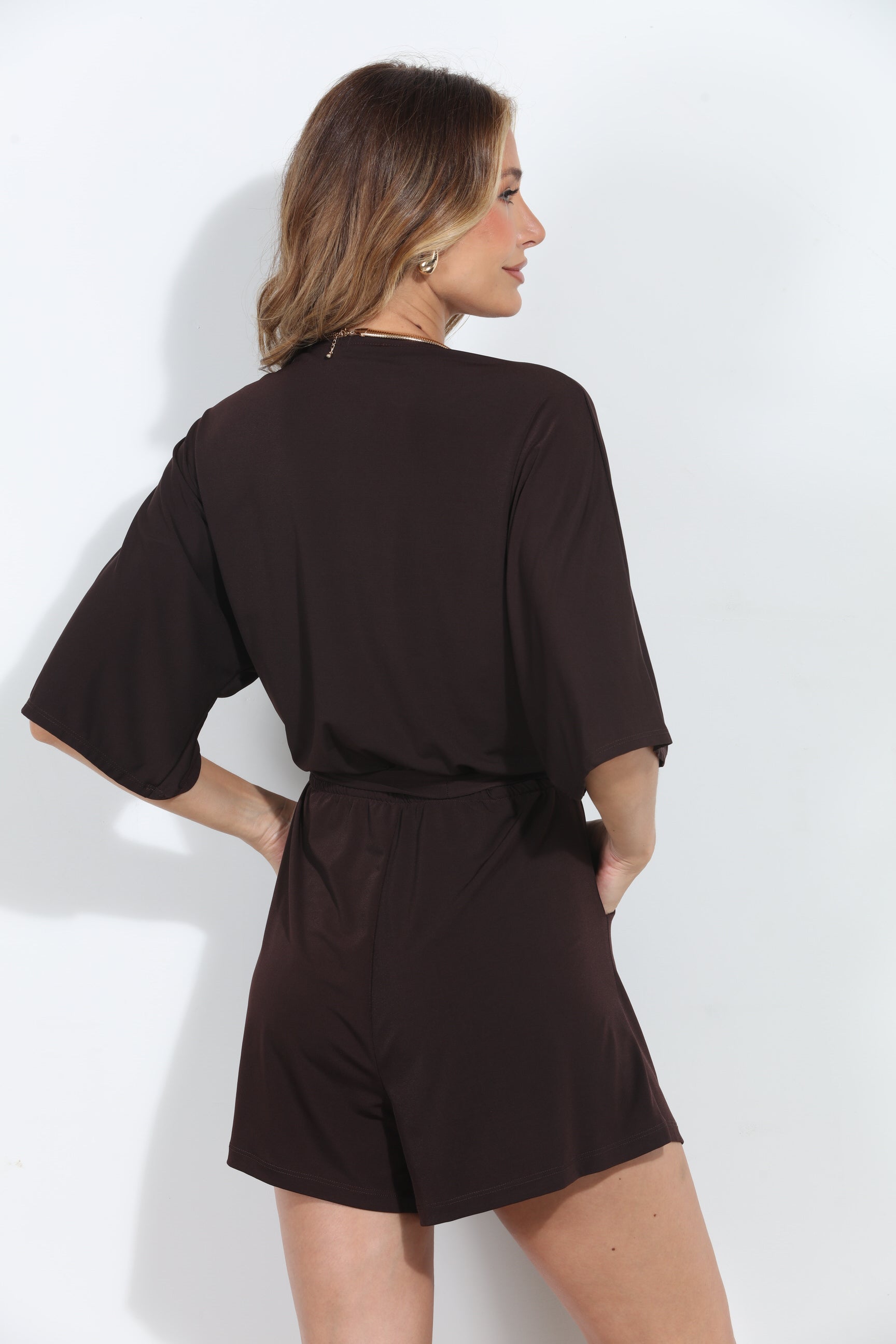 Chocolate Kimono Sleeve Stretch Romper - BEST SELLER