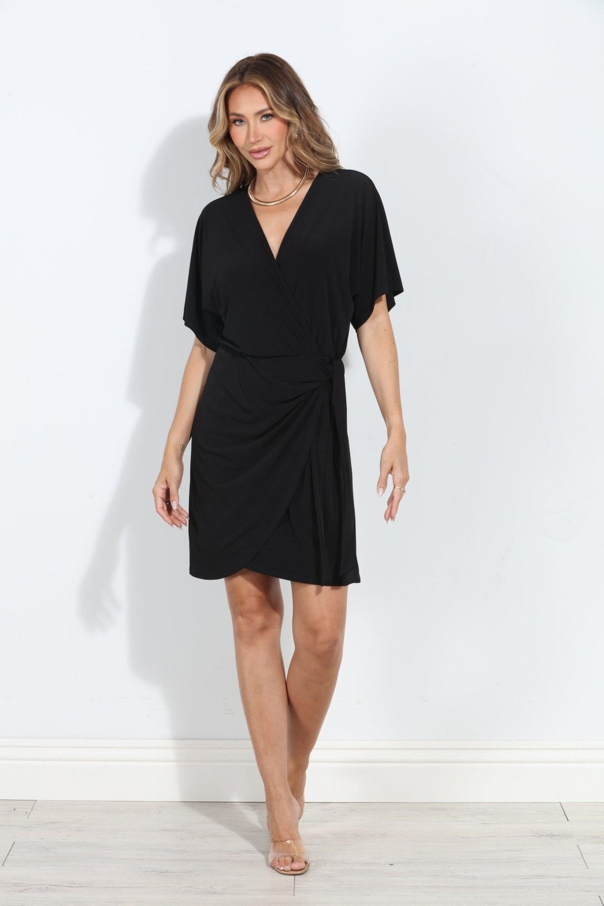 Black Stretch Faux Wrap Dress-BEST SELLER