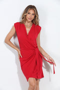Red Stretch Faux Wrap Sleeveless Dress-BEST SELLER