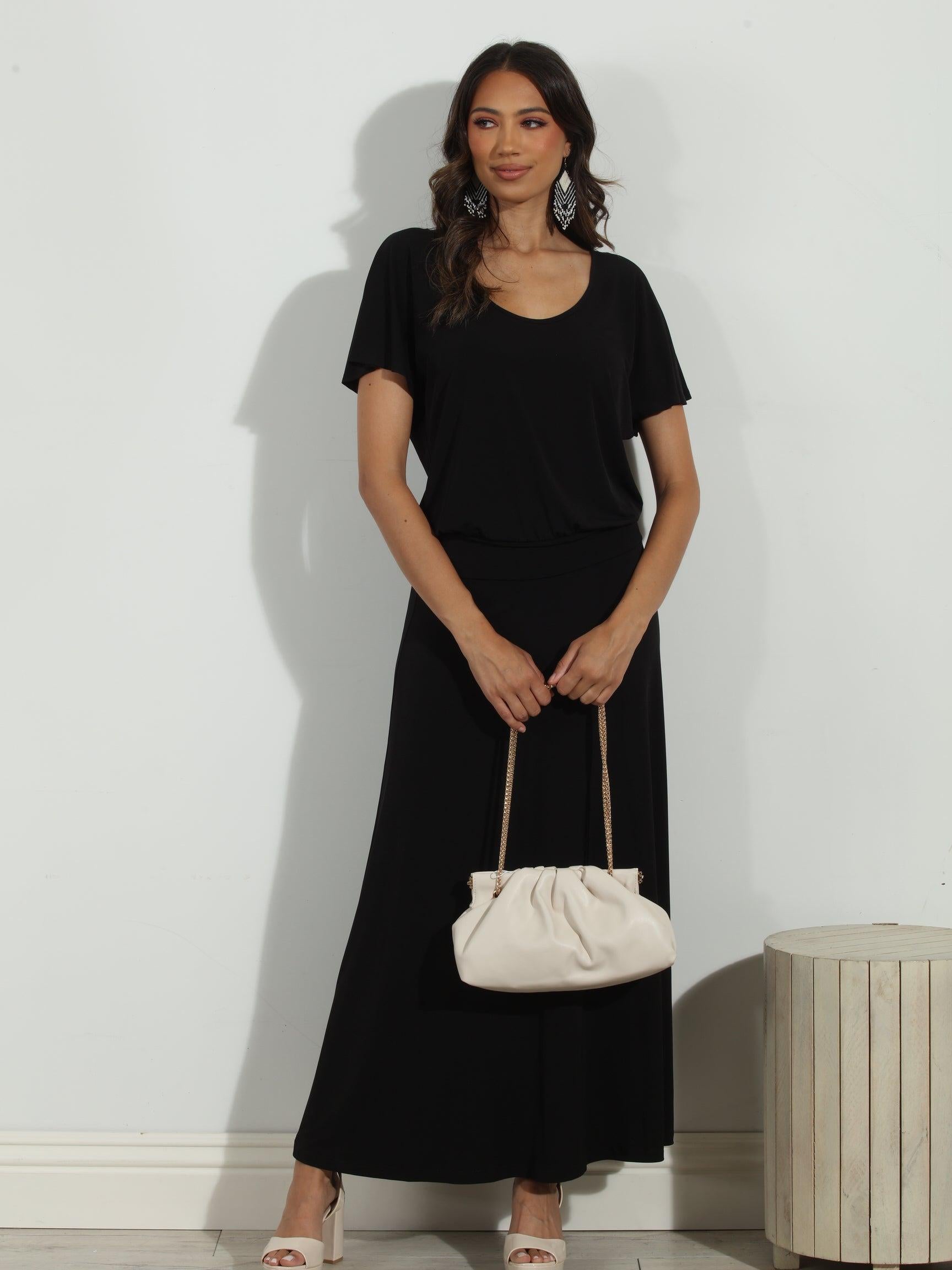 Black Short Sleeve Drop Waist Maxi Dress-FINAL SALE