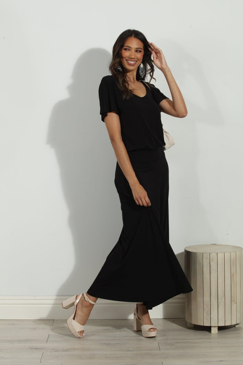 Black Short Sleeve Drop Waist Maxi Dress-FINAL SALE