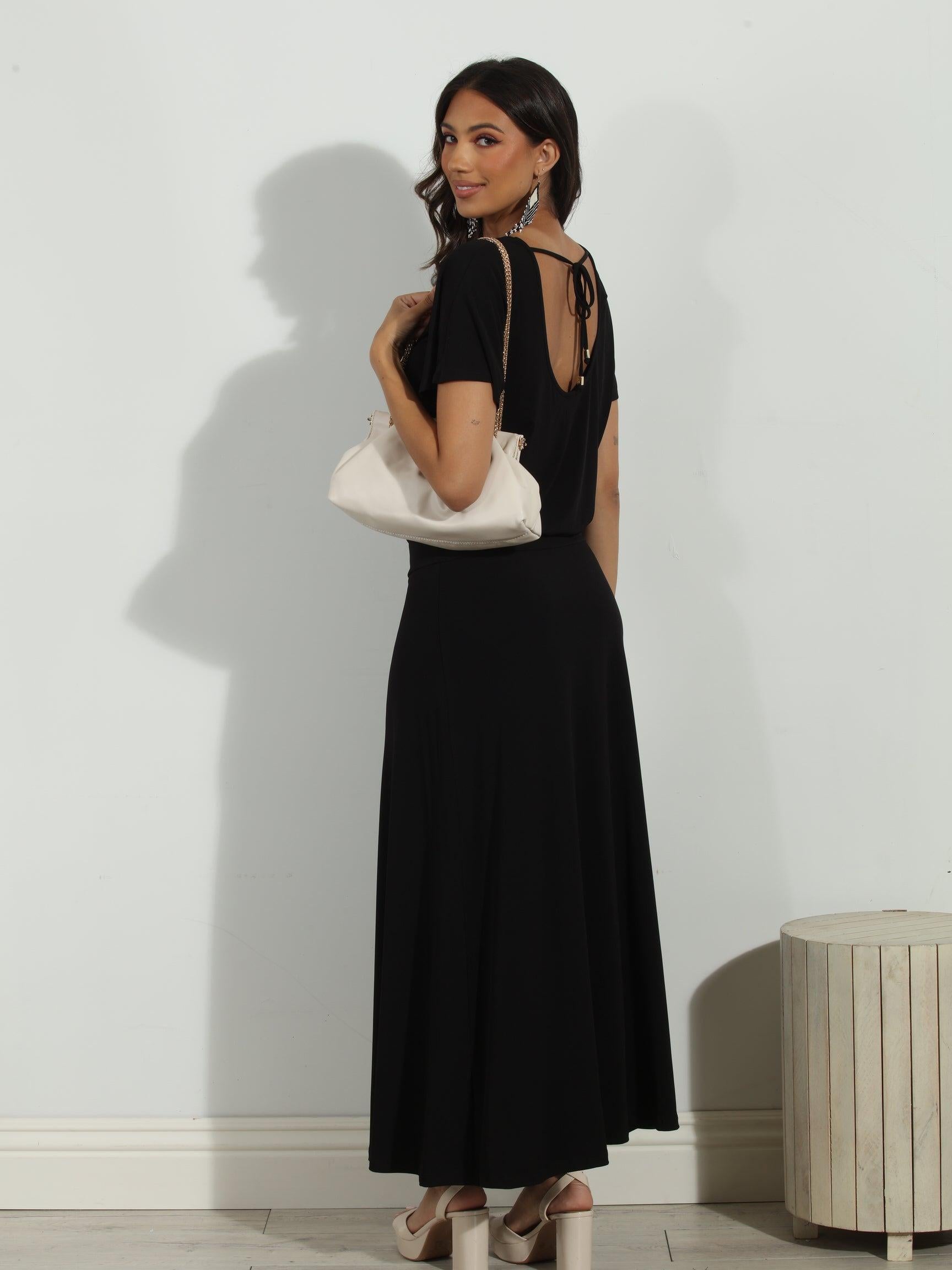 Black Short Sleeve Drop Waist Maxi Dress-FINAL SALE