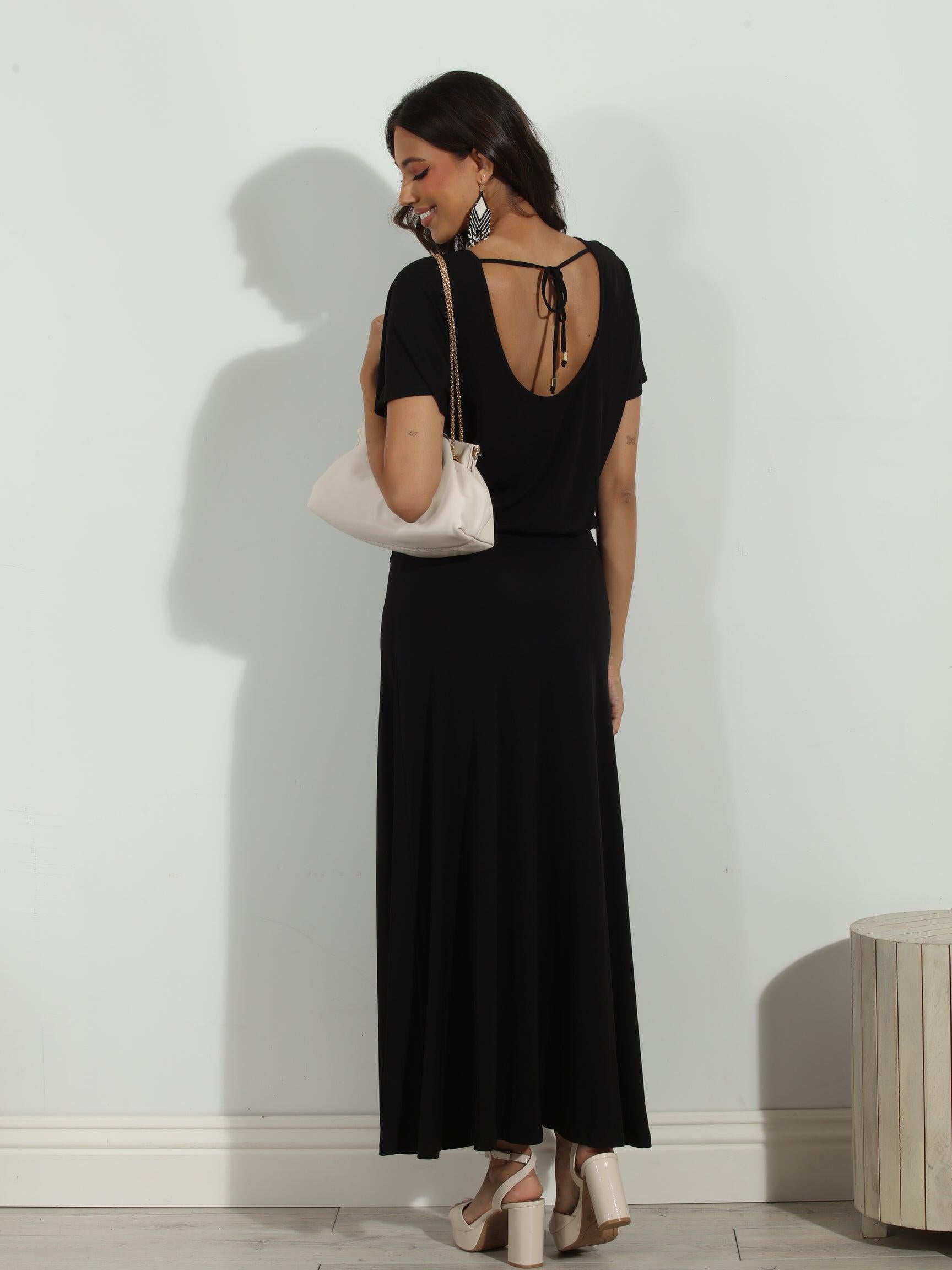 Black Short Sleeve Drop Waist Maxi Dress-FINAL SALE