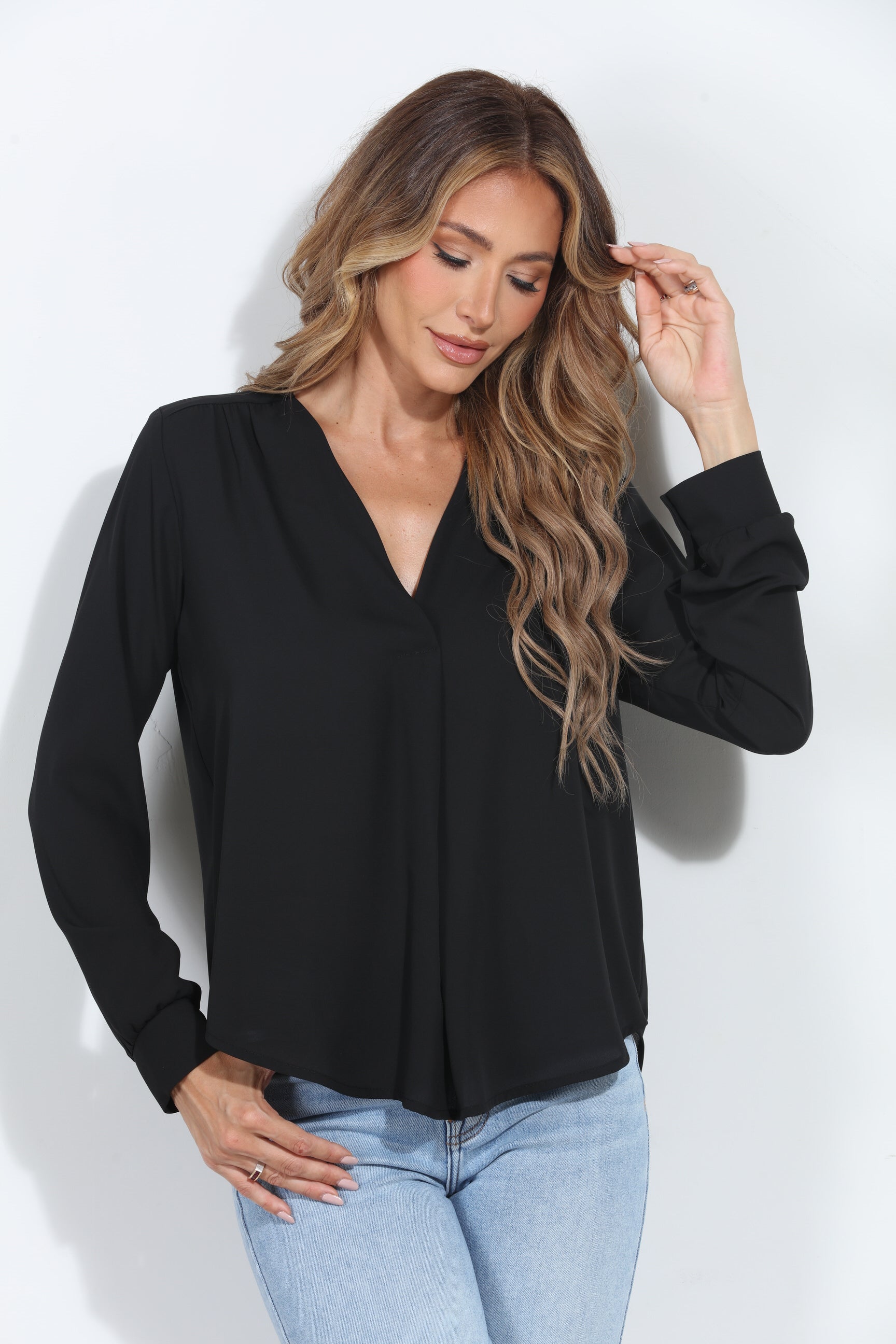 Onyx V-Neck Front Pleat Blouse