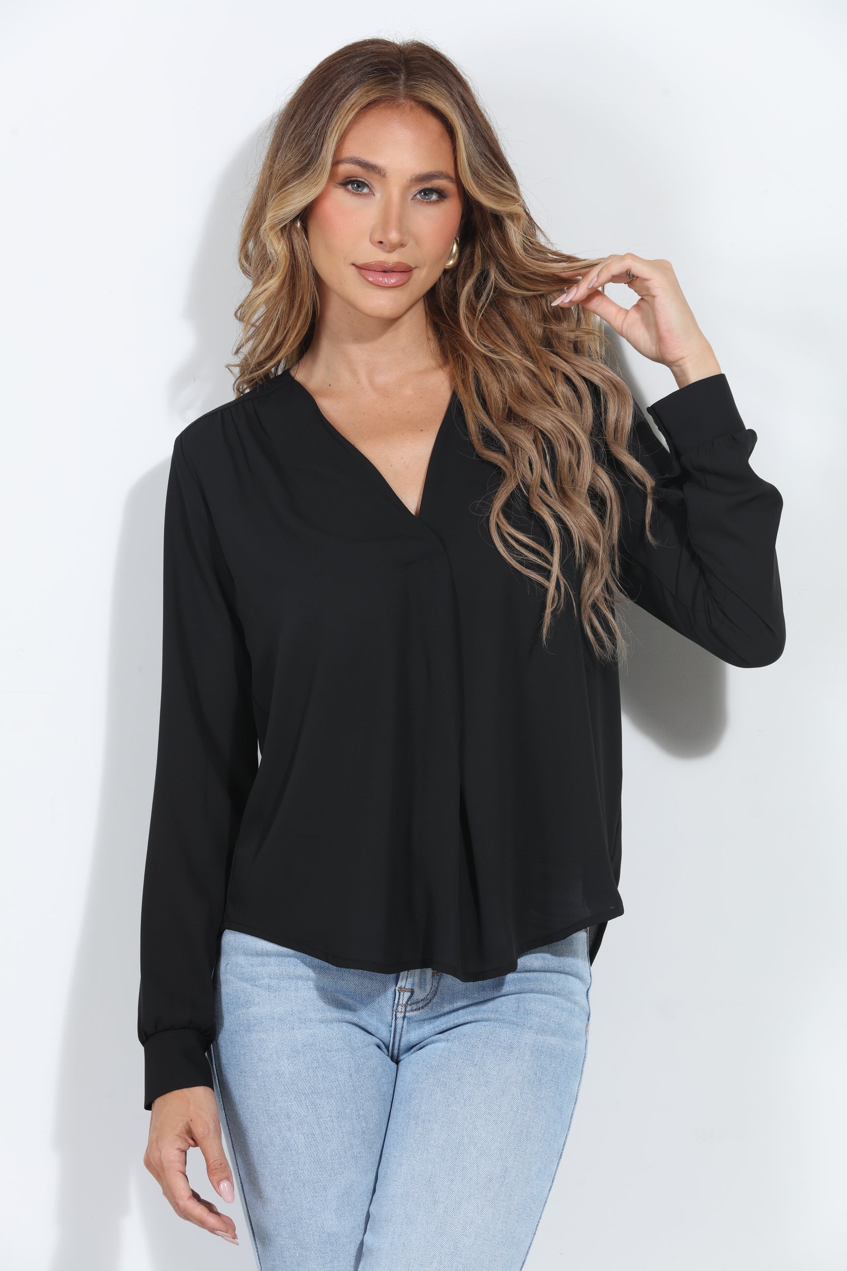 Onyx V-Neck Front Pleat Blouse