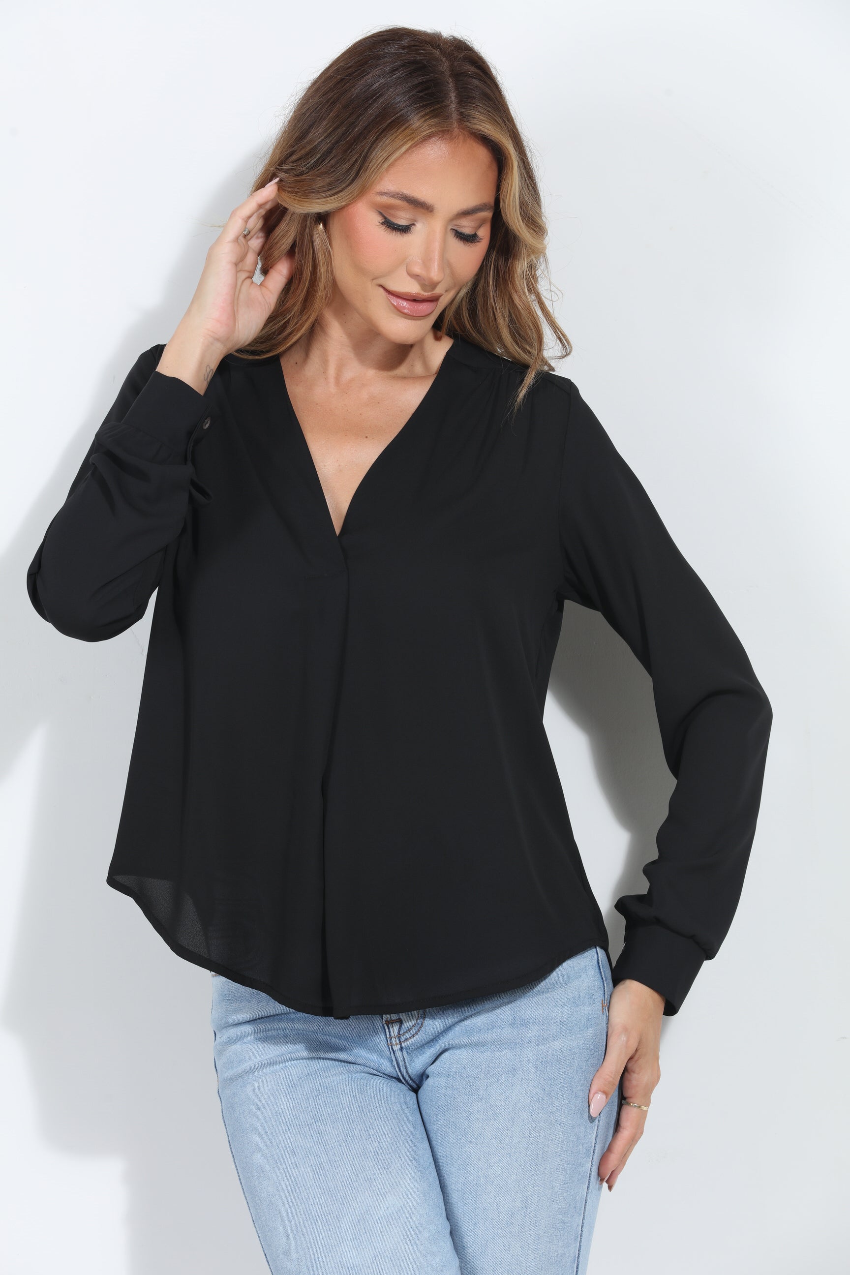 Onyx V-Neck Front Pleat Blouse