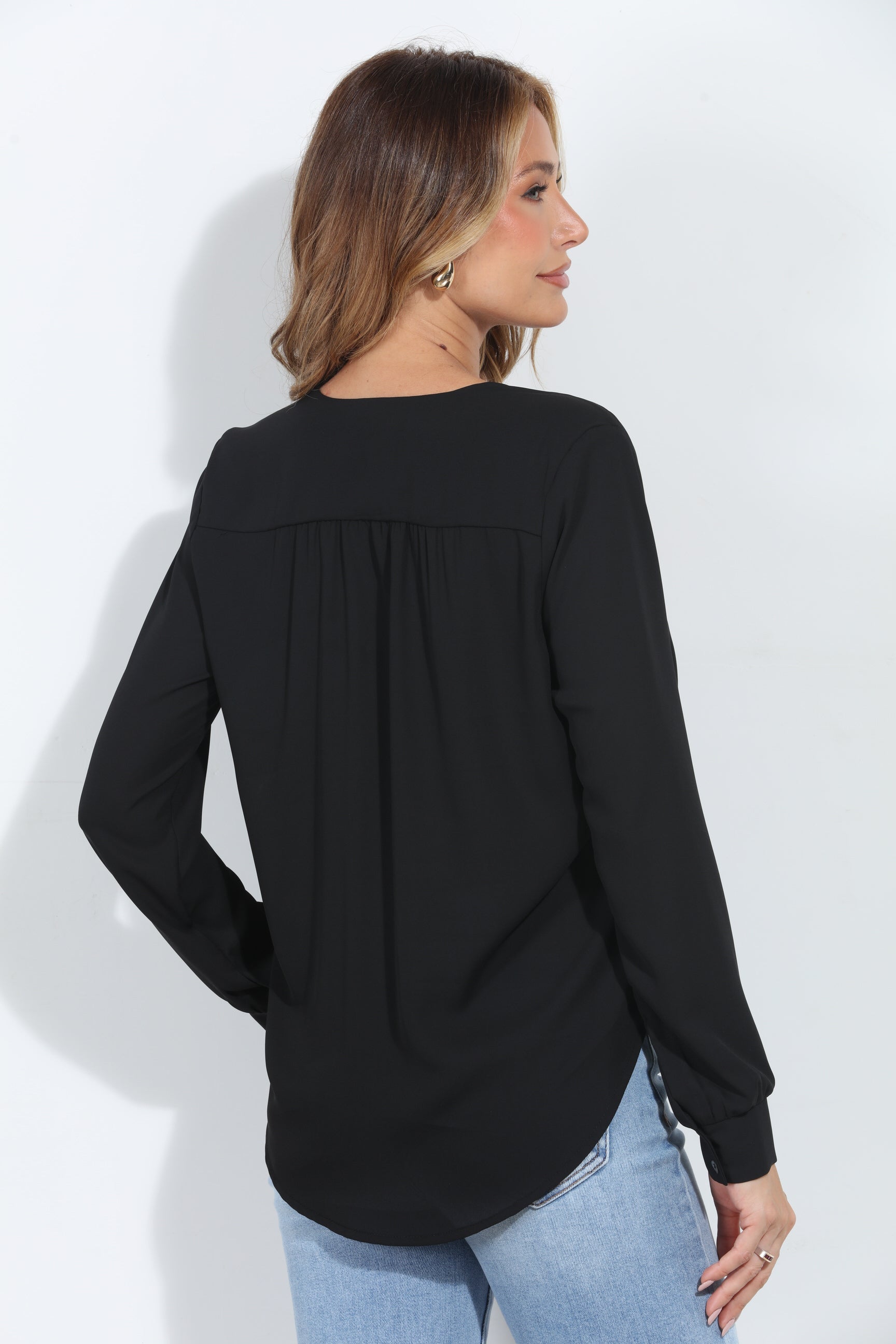 Onyx V-Neck Front Pleat Blouse