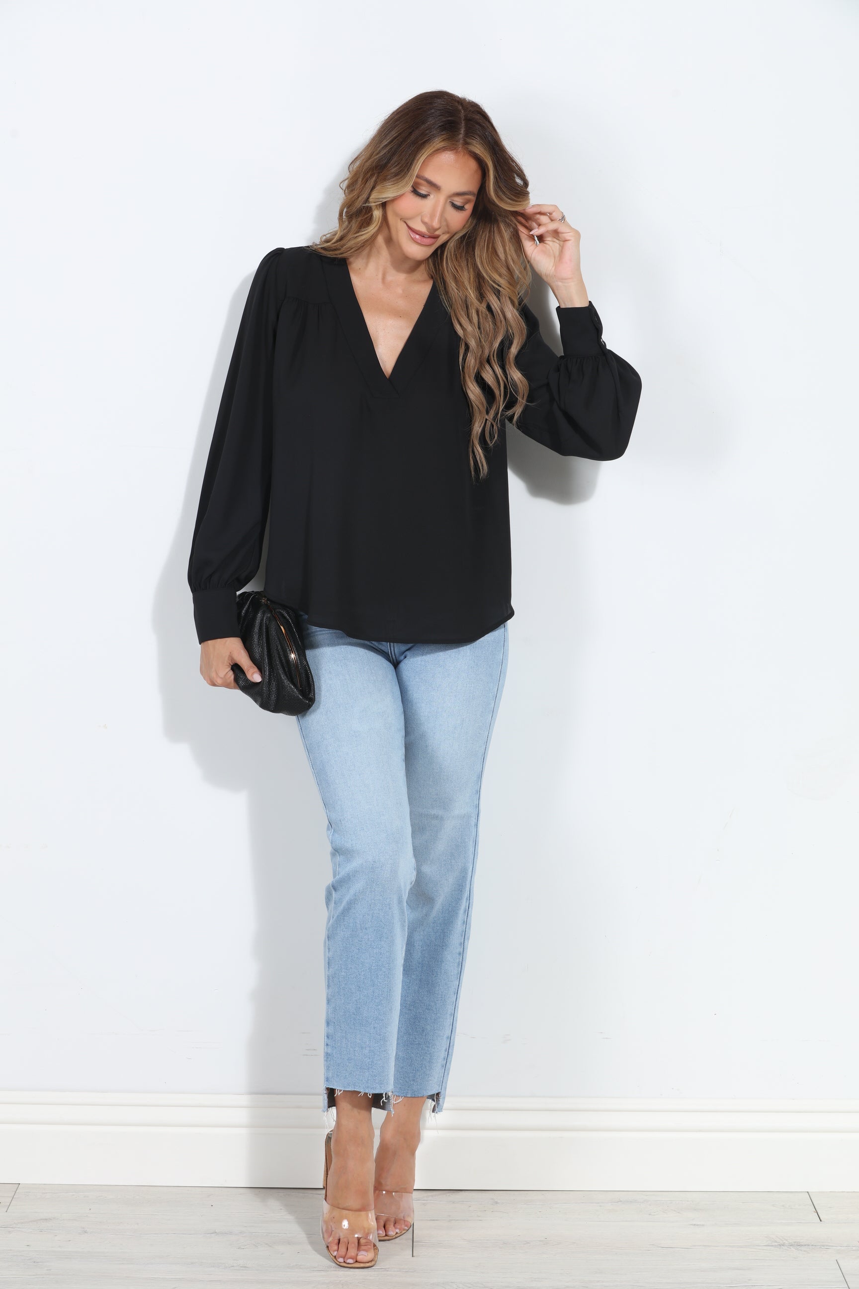 Black V Neck Puffed Sleeve Blouse-BEST SELLER