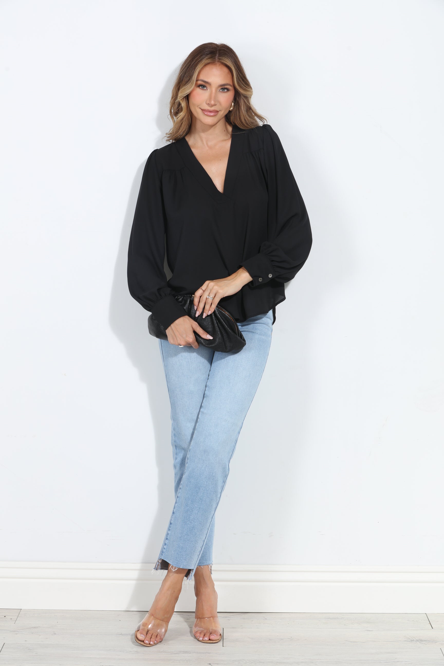 Black V Neck Puffed Sleeve Blouse-BEST SELLER