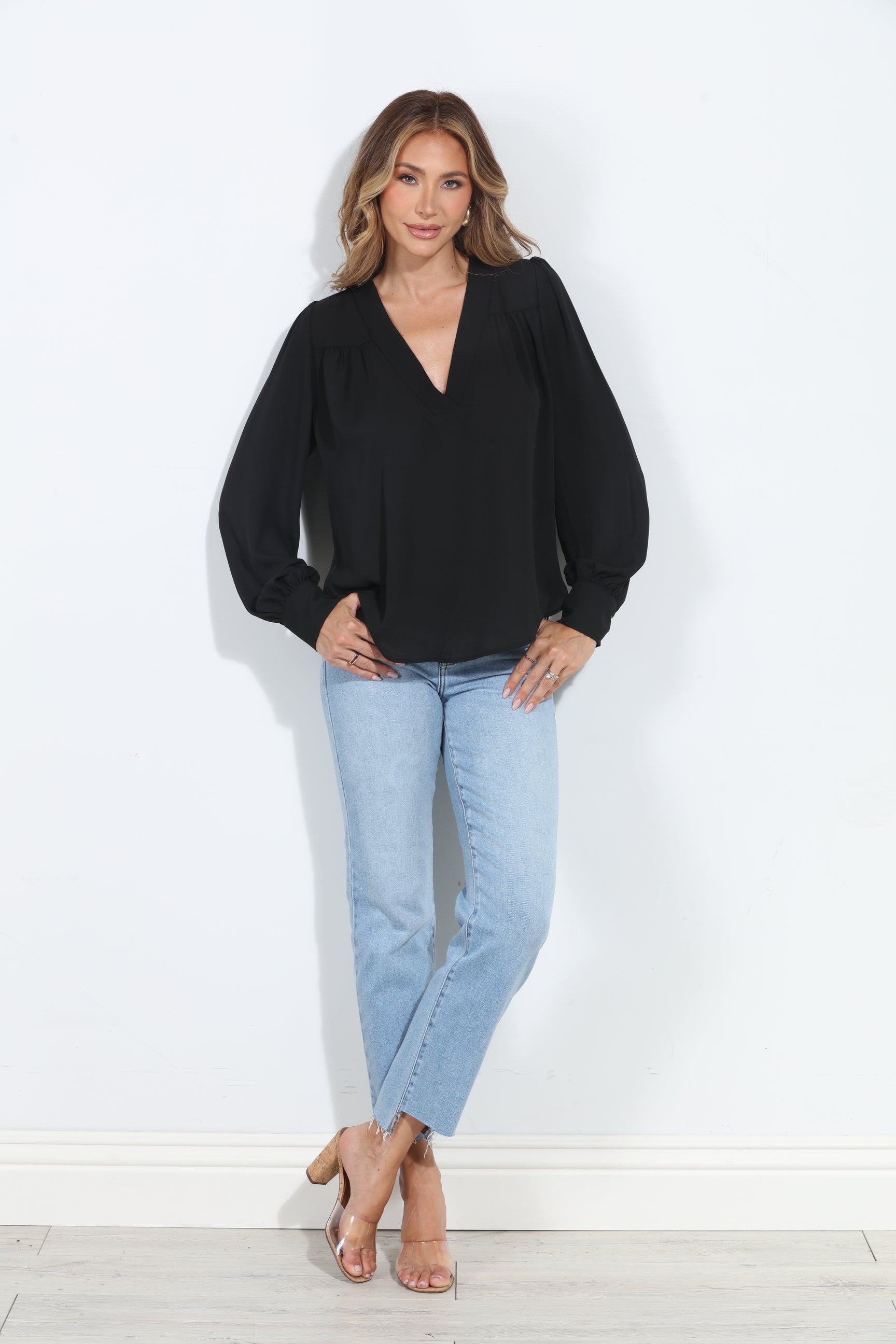 Black V Neck Puffed Sleeve Blouse-BEST SELLER