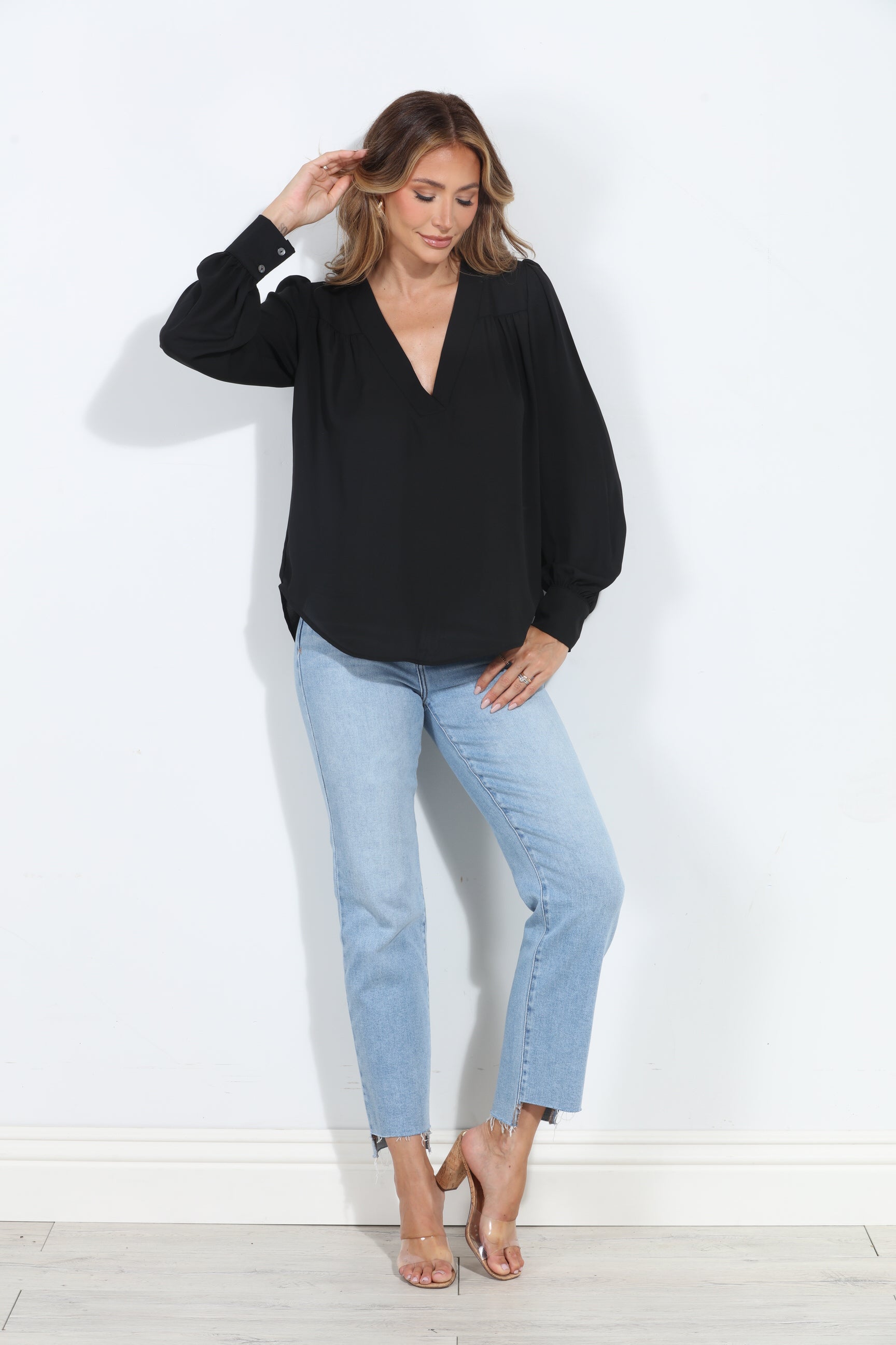 Black V Neck Puffed Sleeve Blouse-BEST SELLER