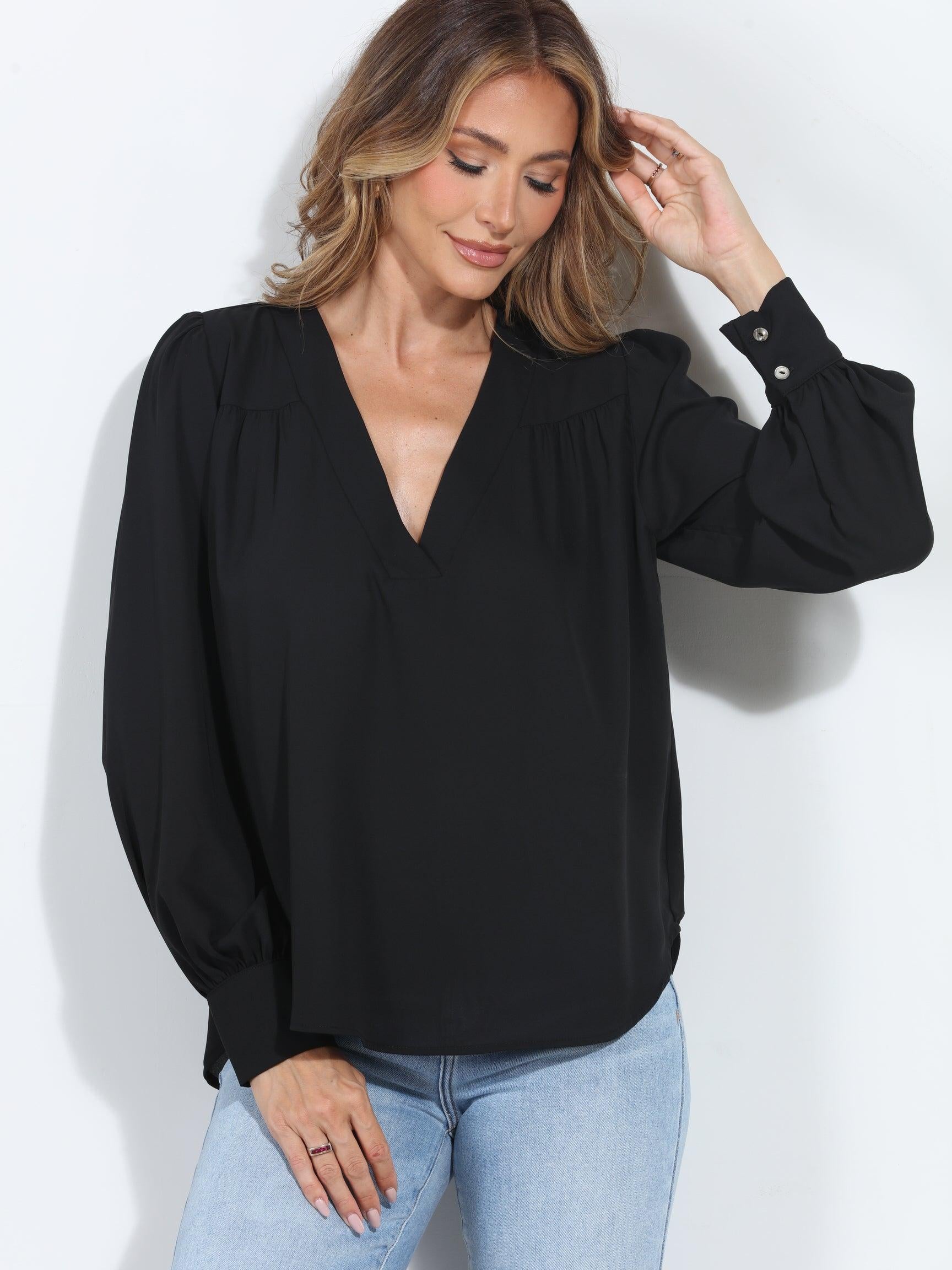 Black V Neck Puffed Sleeve Blouse-BEST SELLER