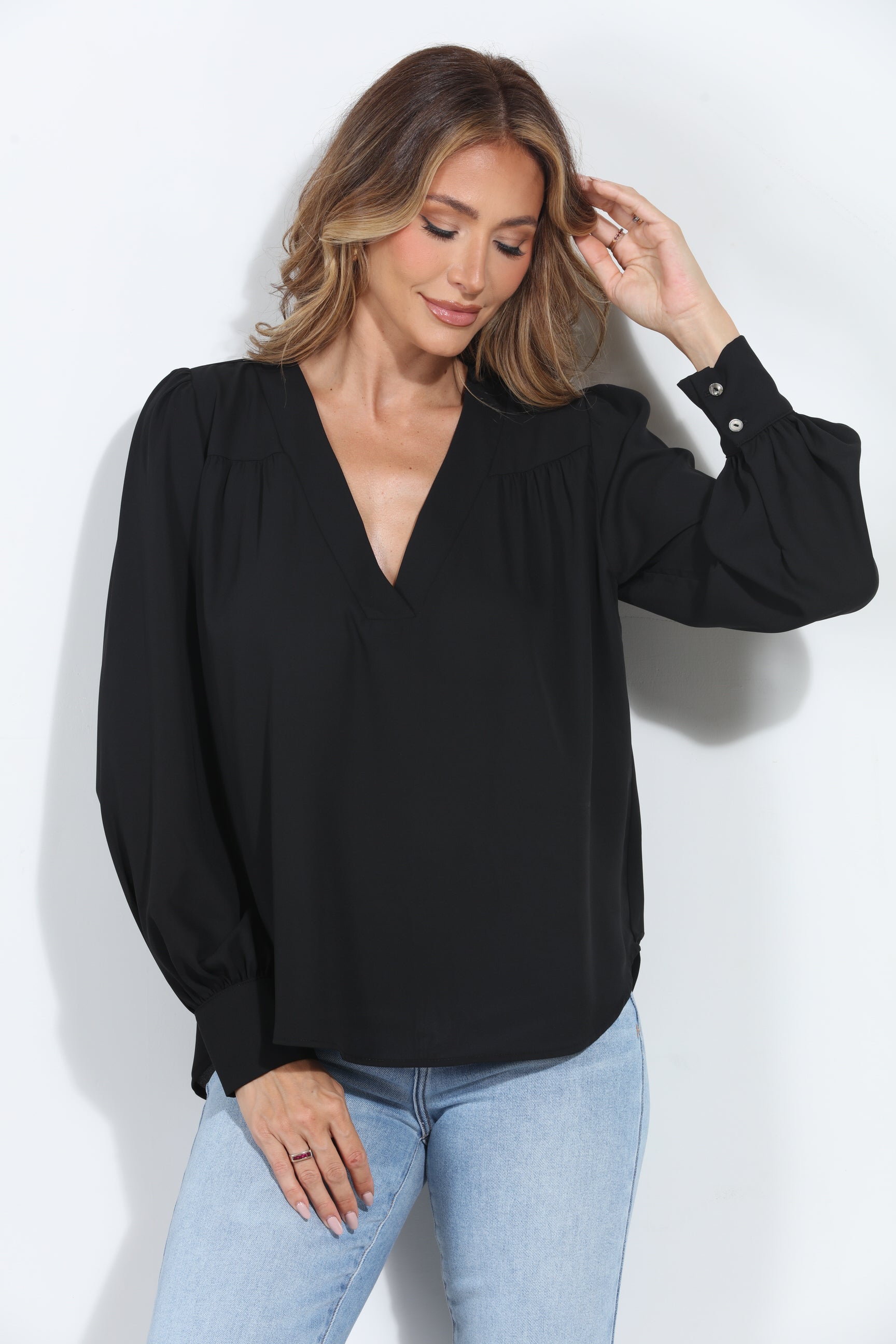 Black V Neck Puffed Sleeve Blouse-BEST SELLER