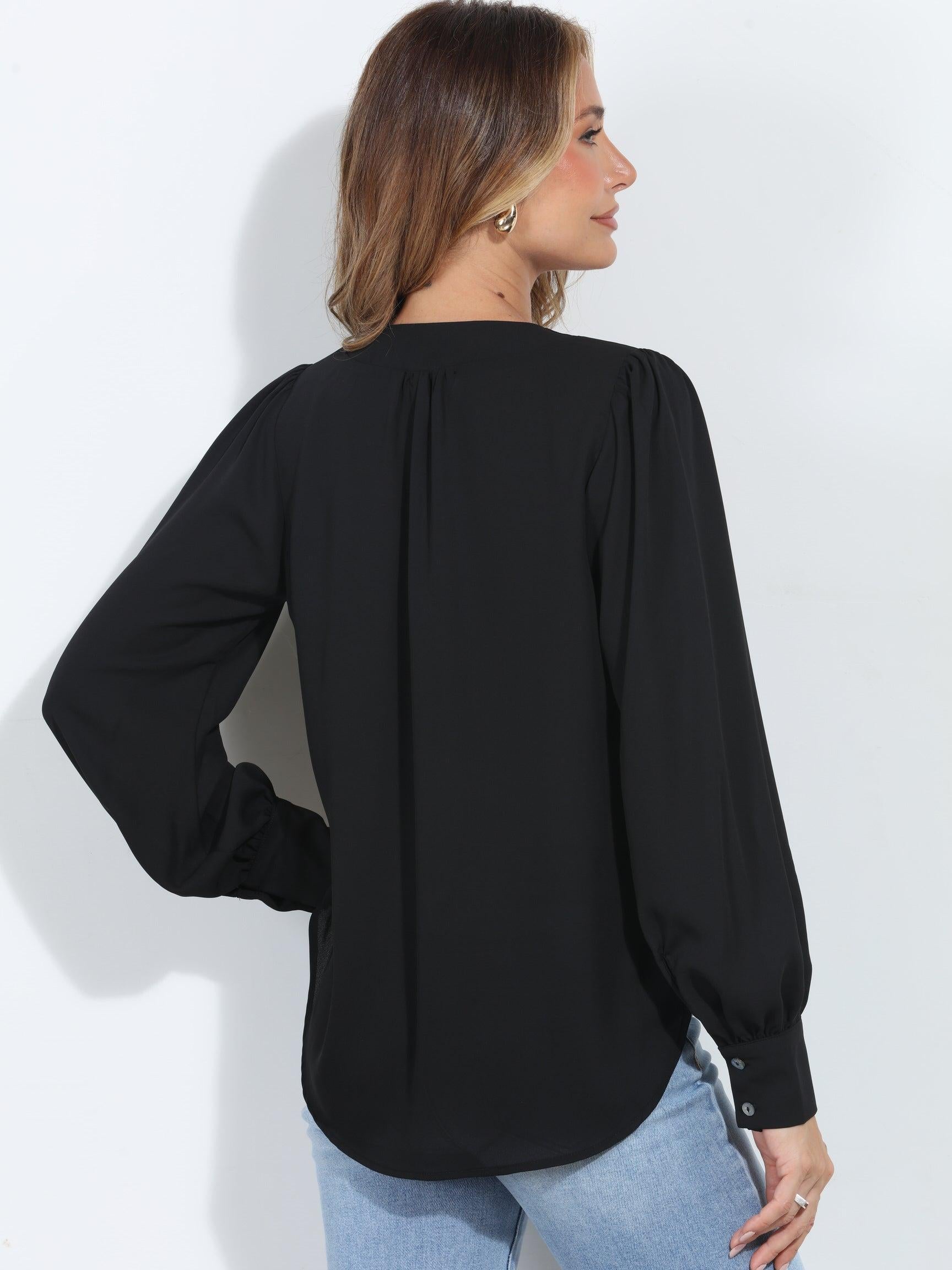 Black V Neck Puffed Sleeve Blouse-BEST SELLER