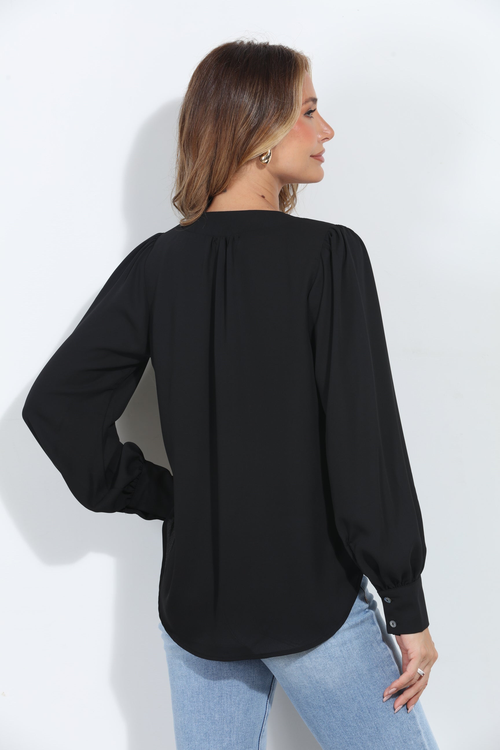 Black V Neck Puffed Sleeve Blouse-BEST SELLER