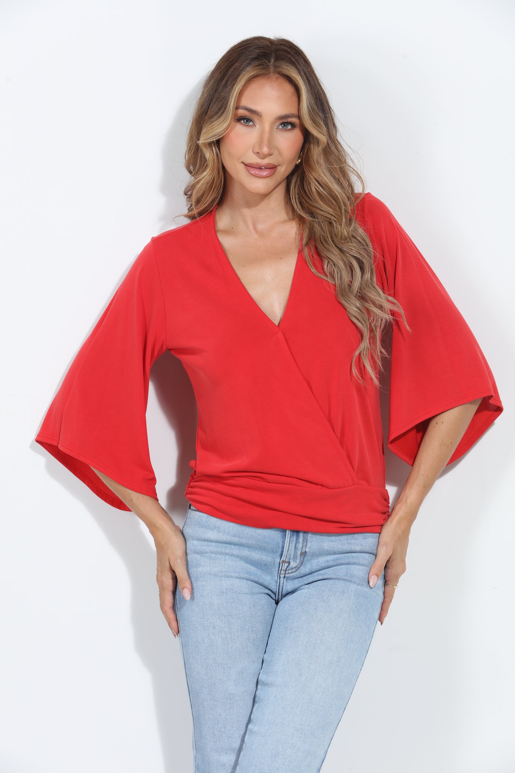 Cherry Cupro Stretch Banded Kimono Top-BEST SELLER