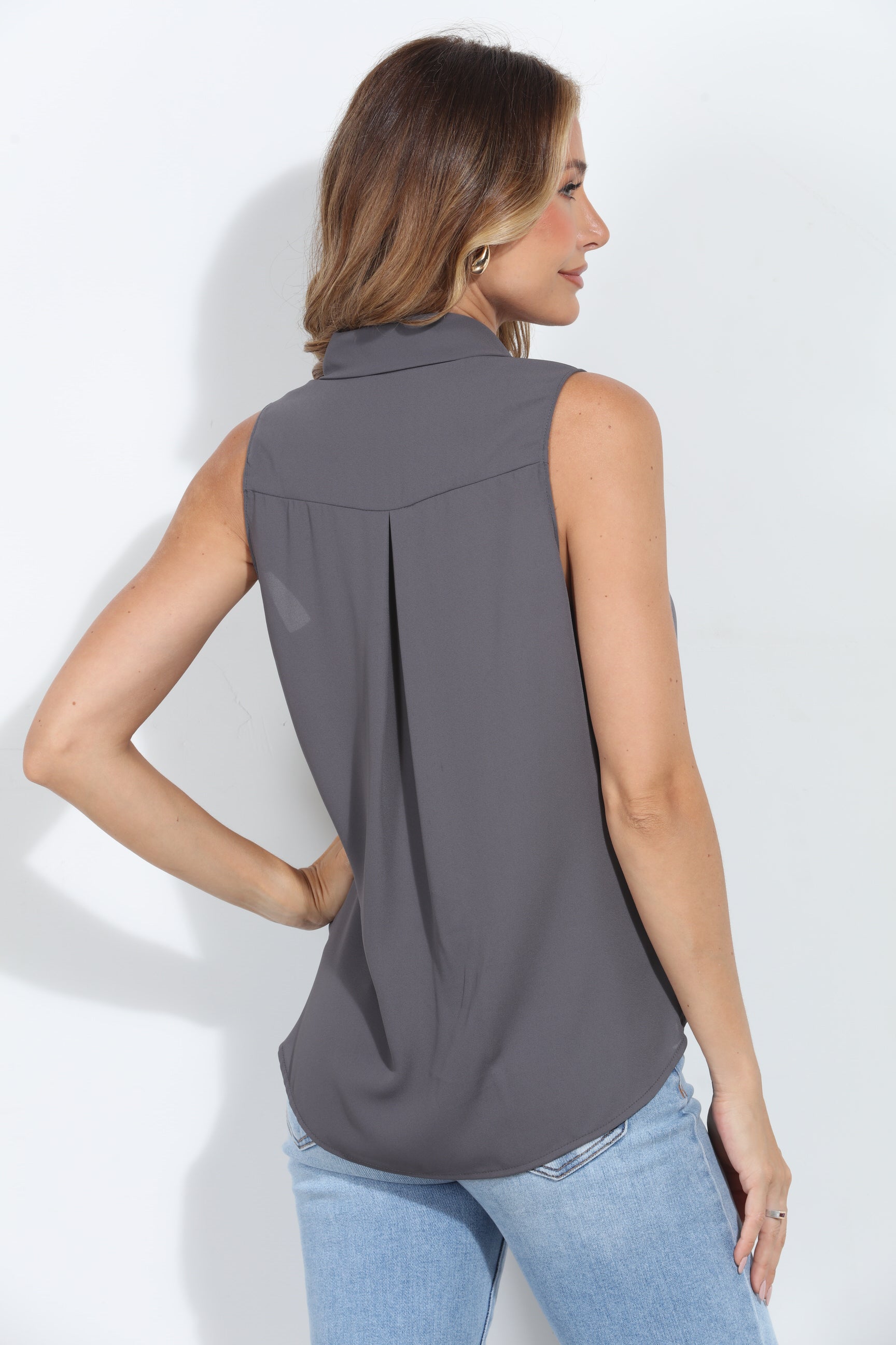 Charcoal Sleeveless Surplice Collar Top-BEST SELLER