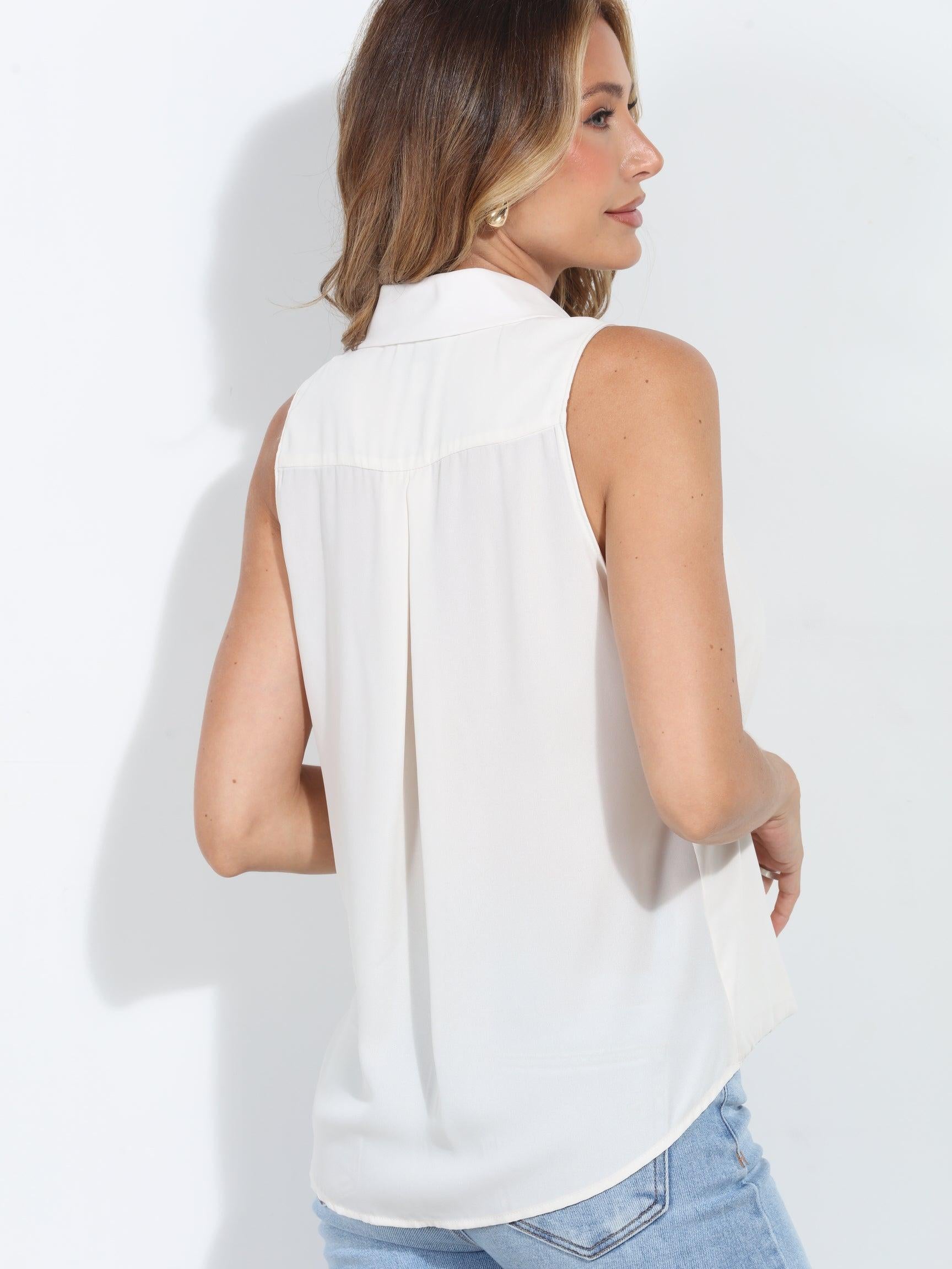 Ivory Sleeveless Surplice Collar Top-BEST SELLER