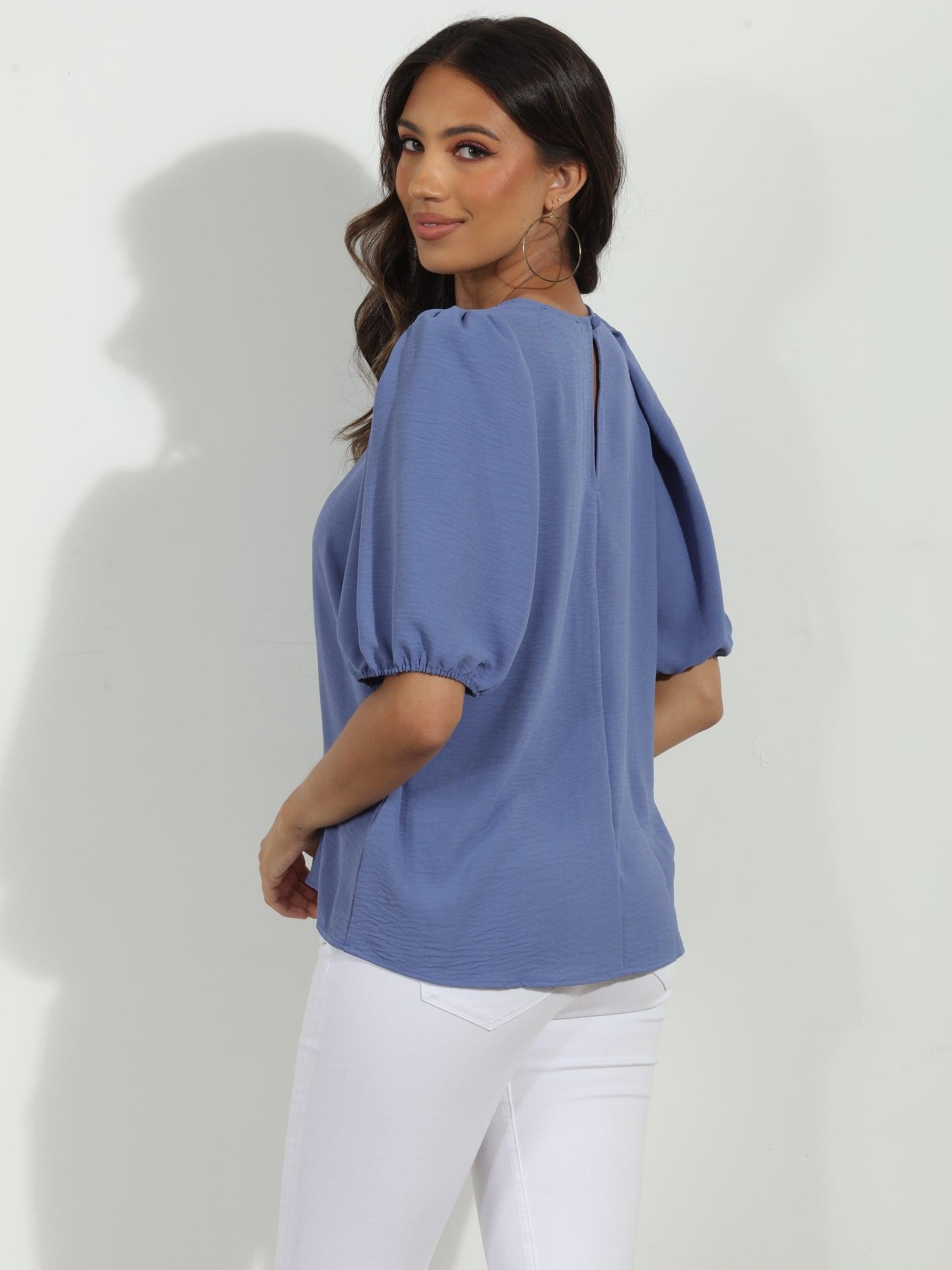 Denim Airflow Puff Sleeve Top-FINAL SALE