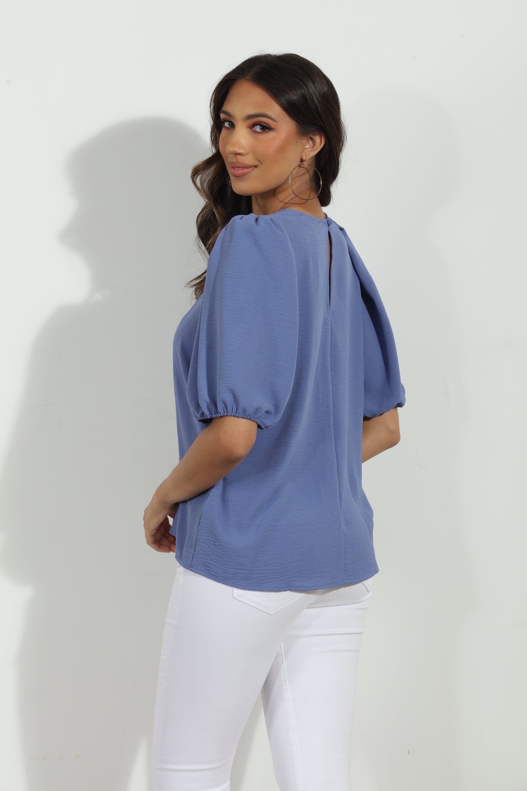 Denim Airflow Puff Sleeve Top-FINAL SALE