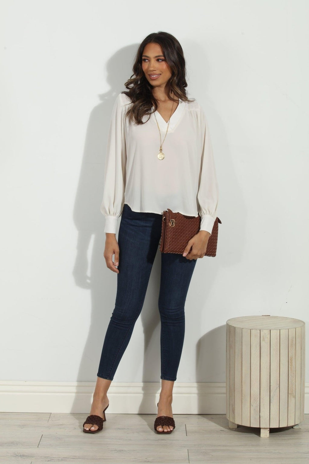 Buff V Neck Puffed Sleeve Blouse-BEST SELLER
