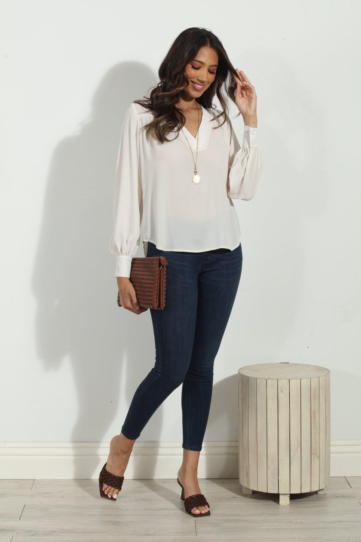 Buff V Neck Puffed Sleeve Blouse-BEST SELLER
