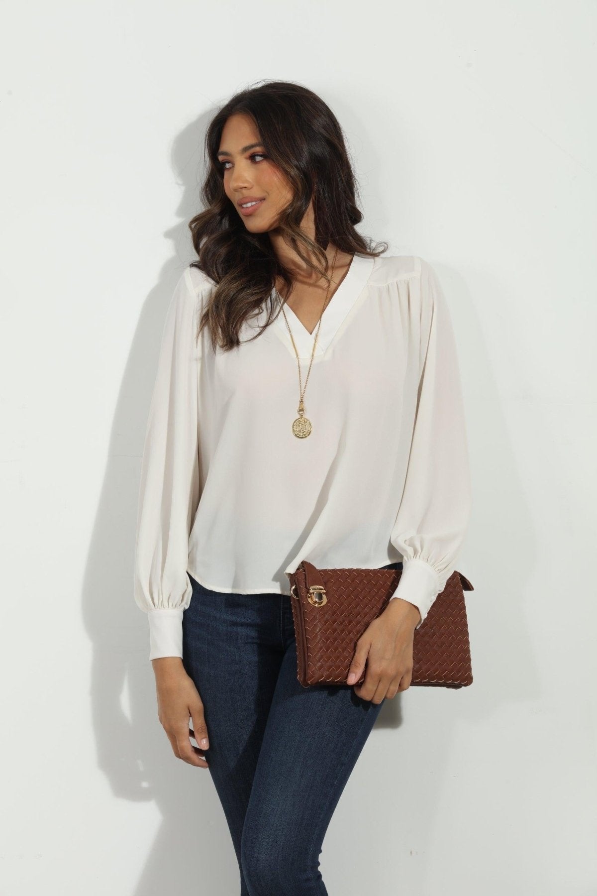 Buff V Neck Puffed Sleeve Blouse-BEST SELLER