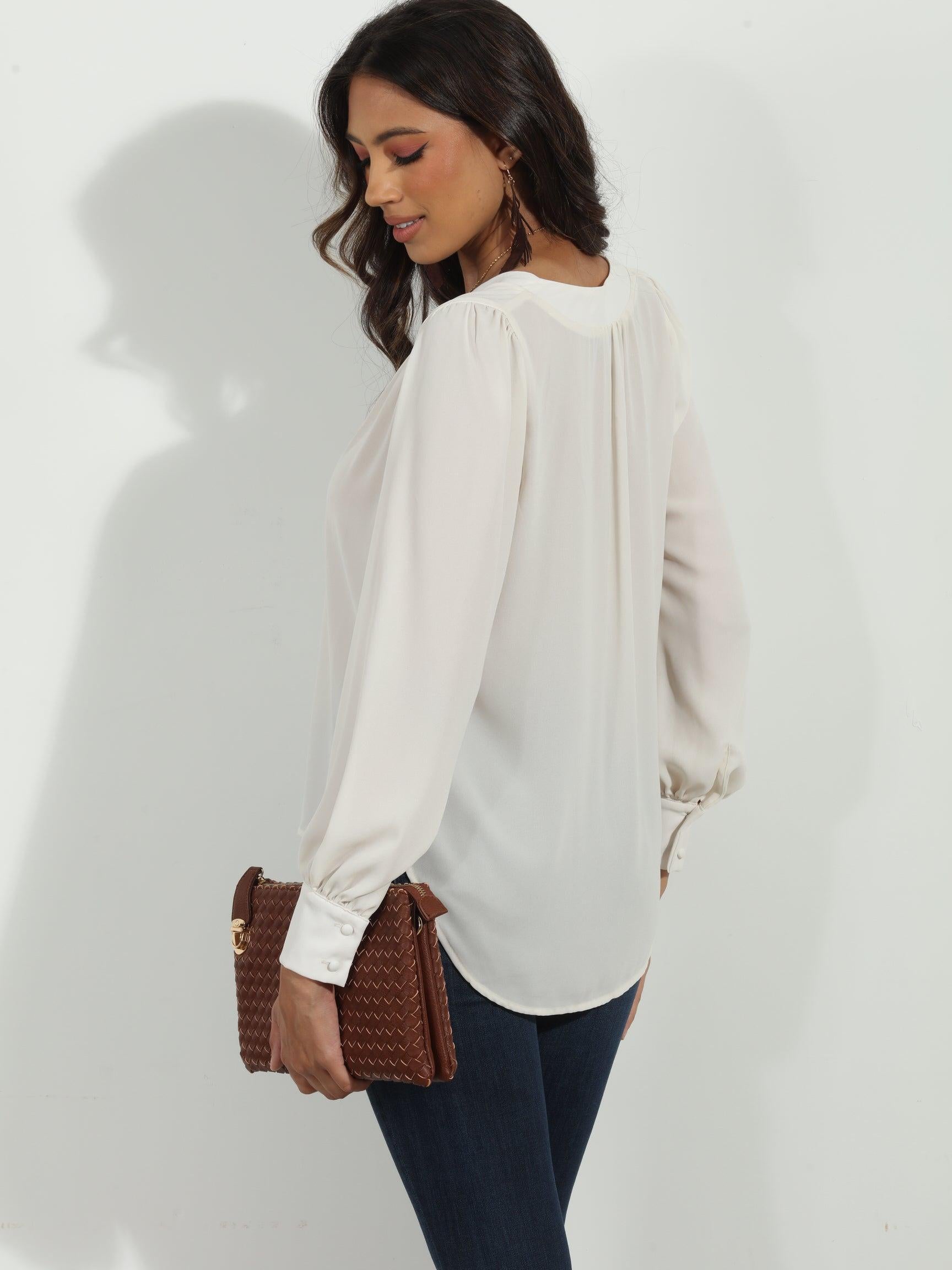 Buff V Neck Puffed Sleeve Blouse-BEST SELLER