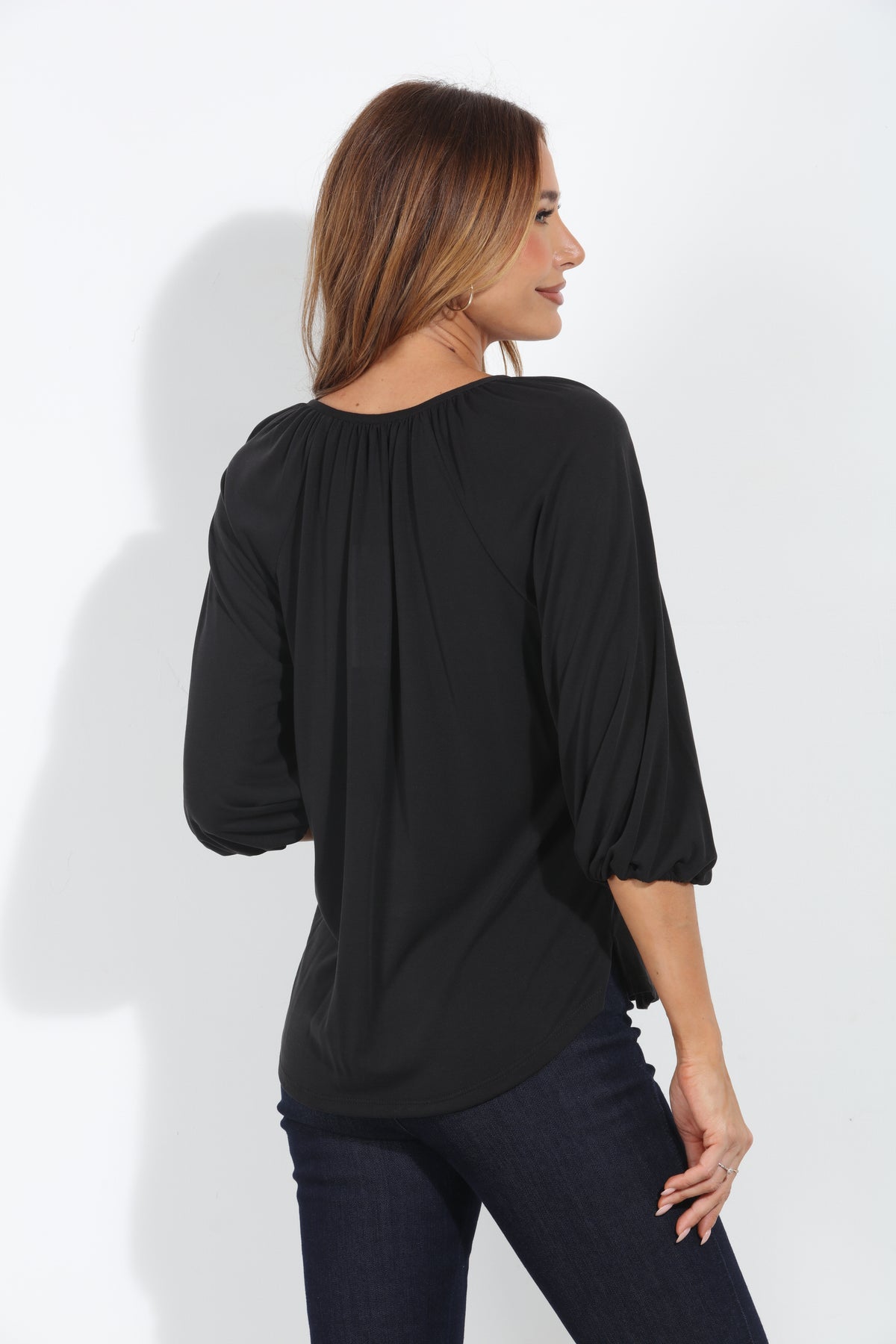 Black Cupro Stretch Split Neck Top-BEST SELLER