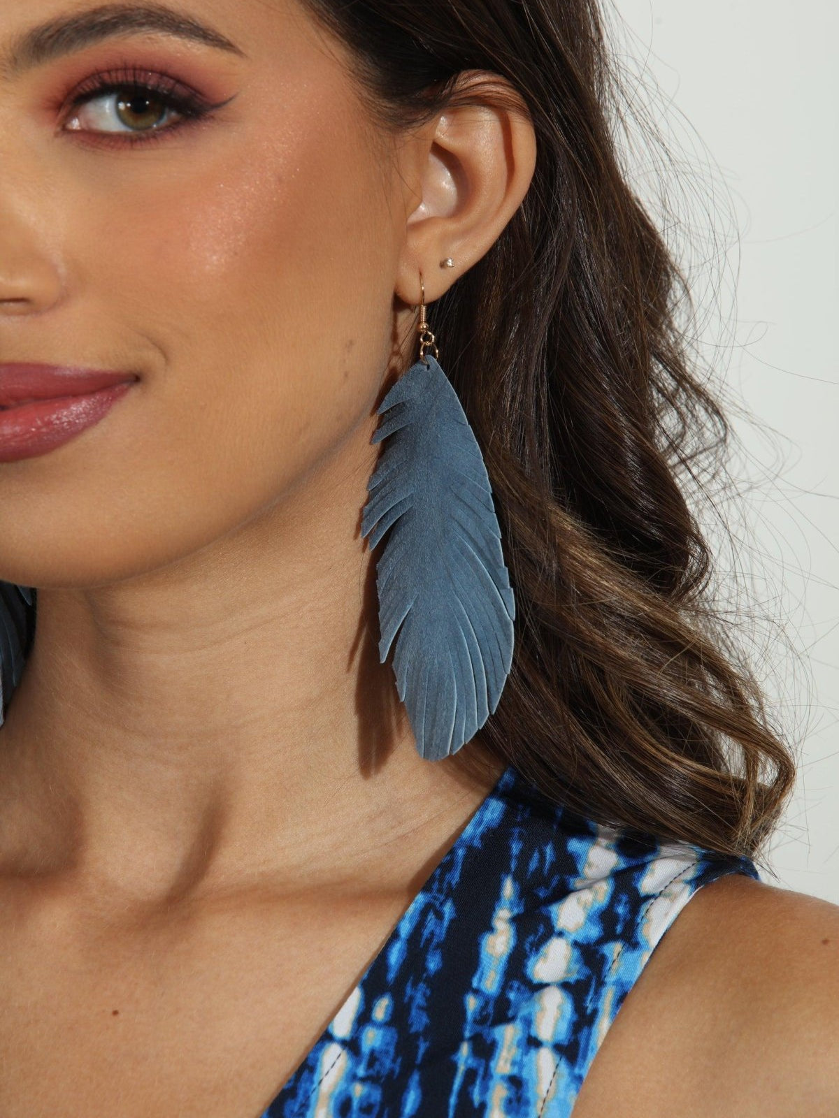 Oversized Powder Blue Faux Leather Leaf Earrings