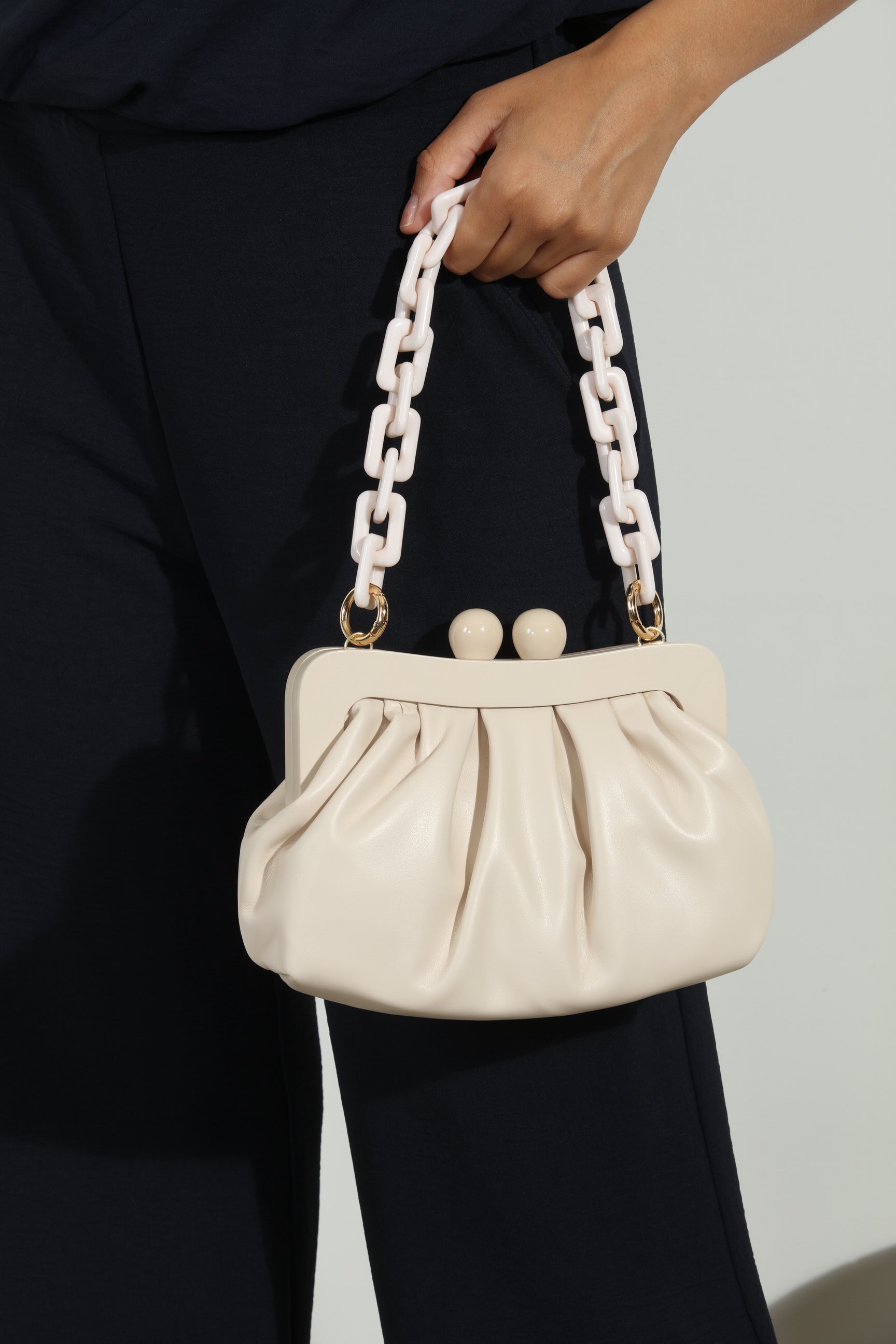 Ivory Faux Leather Pouch Purse with Chunky Chain Handle