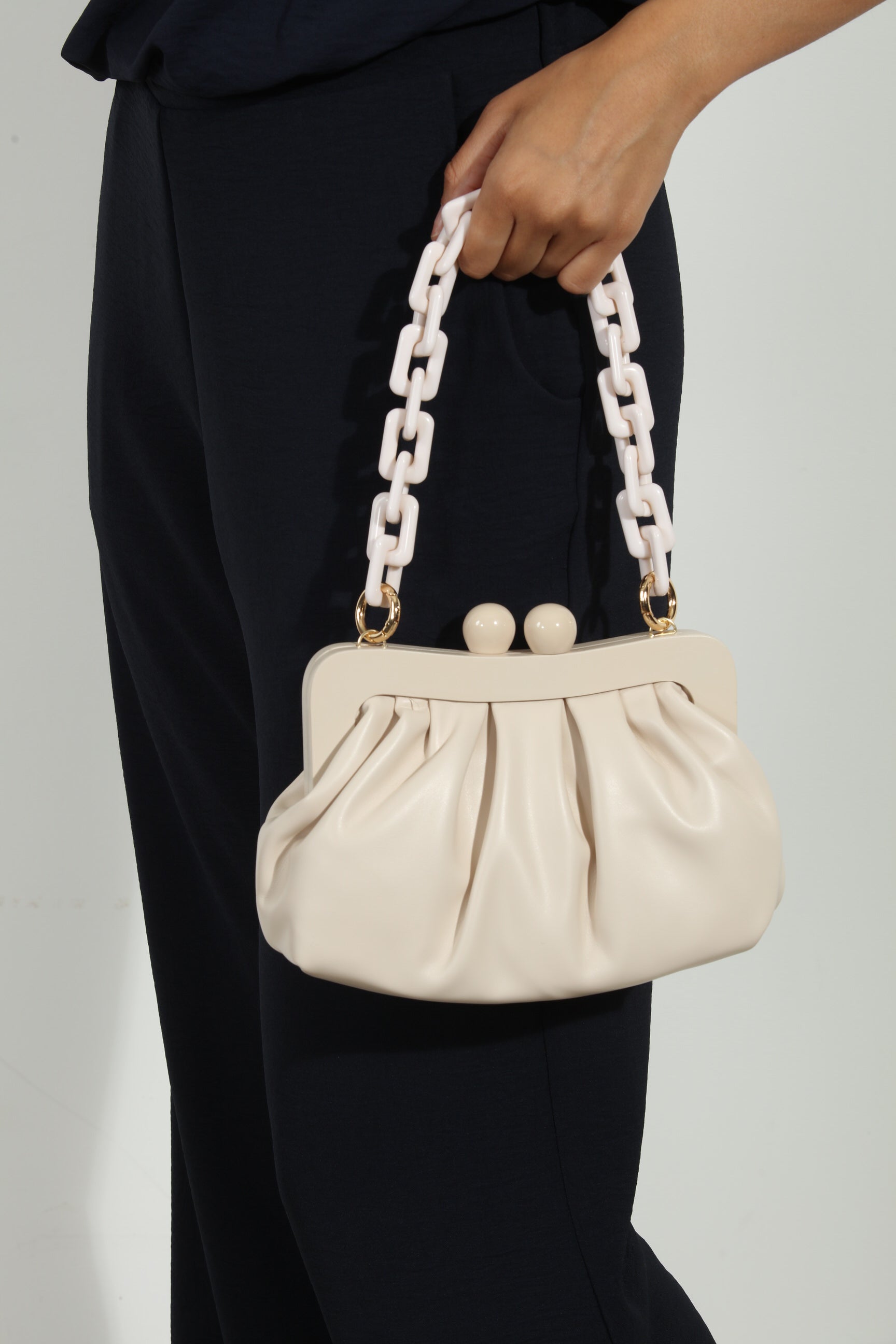 Ivory Faux Leather Pouch Purse with Chunky Chain Handle-FINAL SALE
