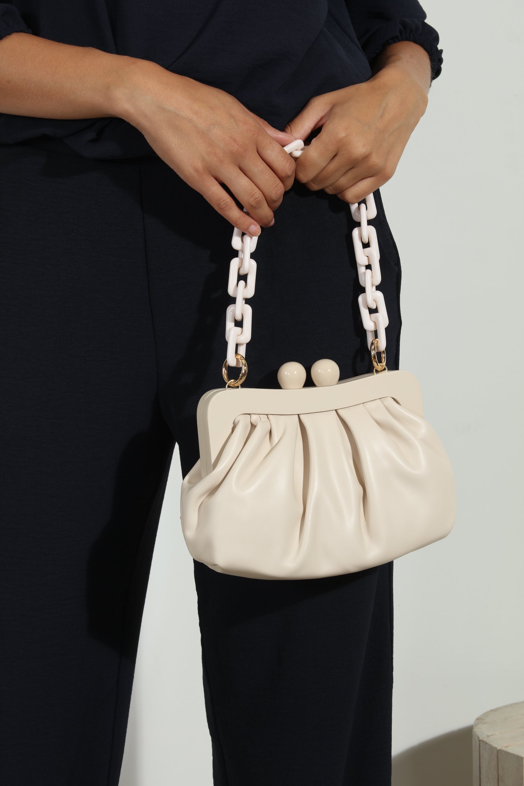 Ivory Faux Leather Pouch Purse with Chunky Chain Handle-FINAL SALE