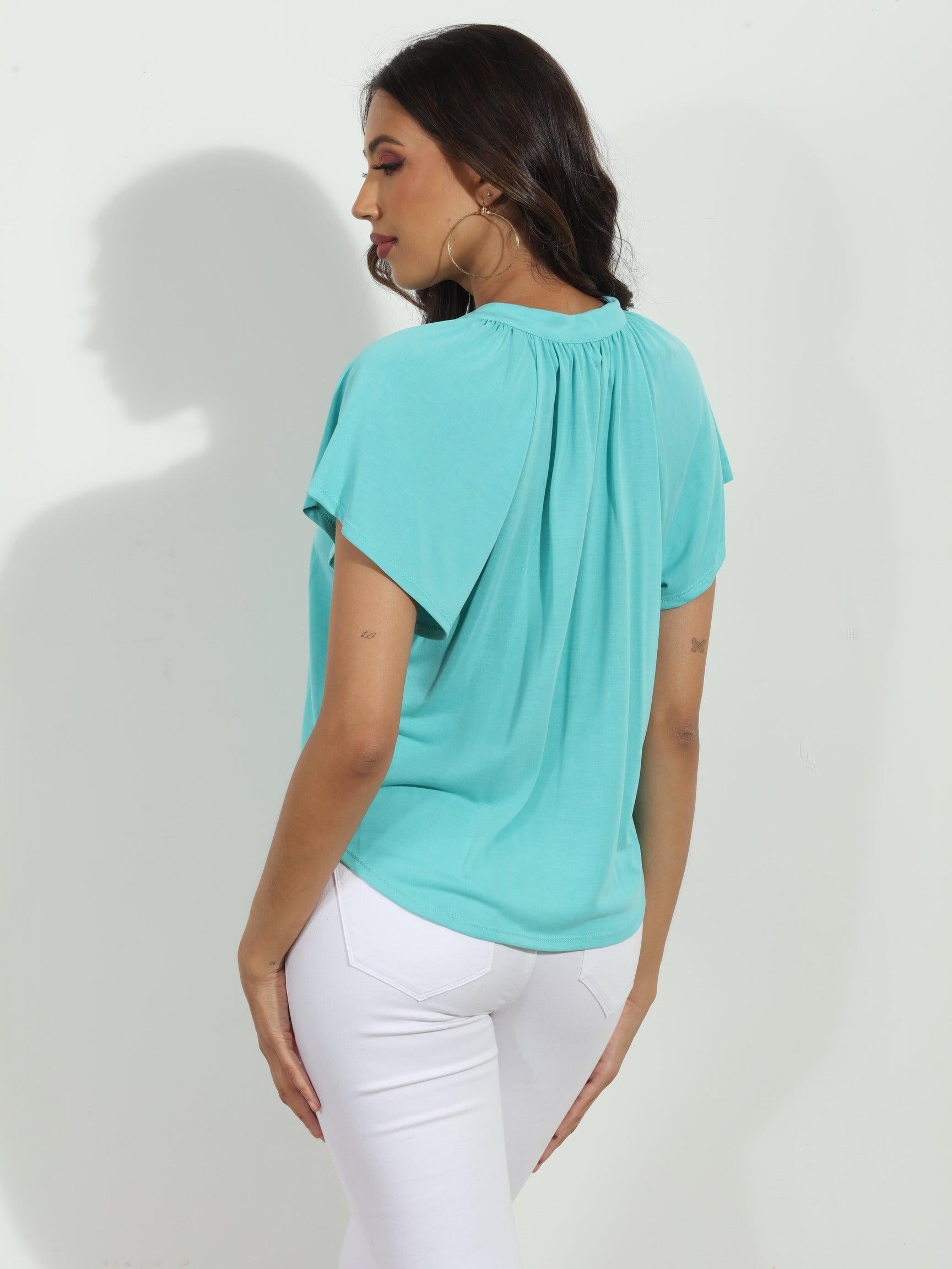 Turquoise Short Sleeve Cupro Split Neck Top-BEST SELLER