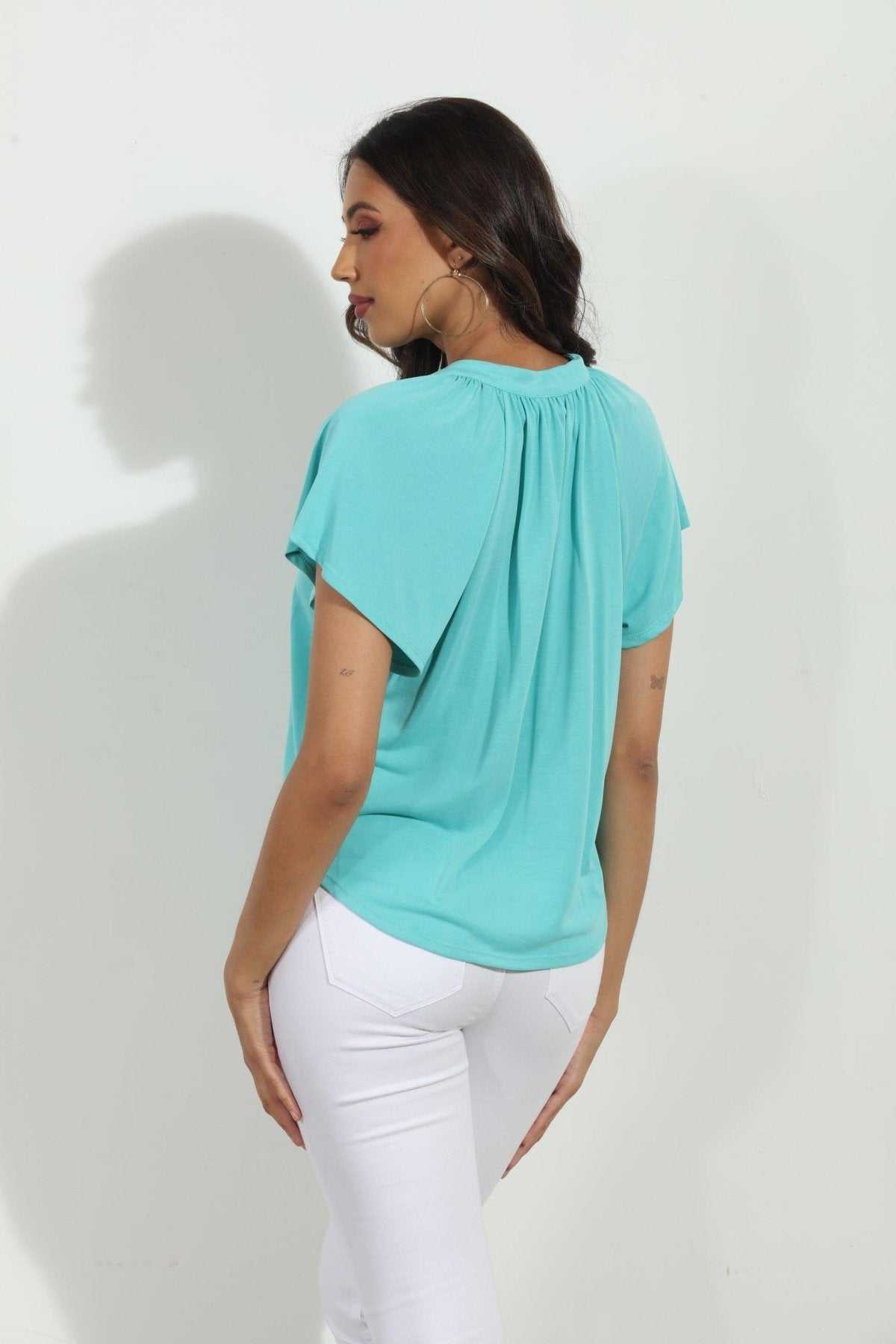 Turquoise Short Sleeve Cupro Split Neck Top-BEST SELLER