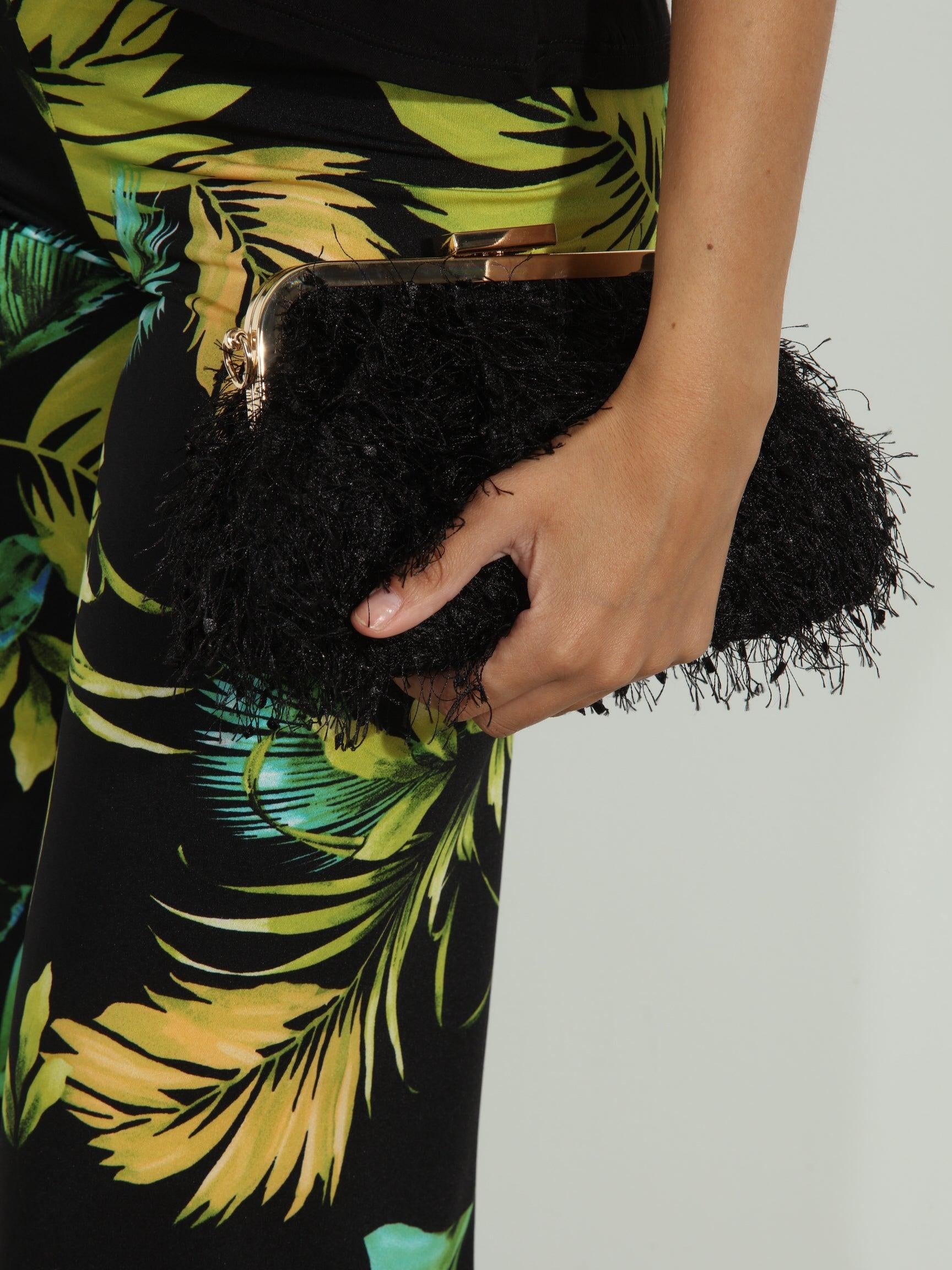 Black Faux Feather Pouch Clutch - FINAL SALE