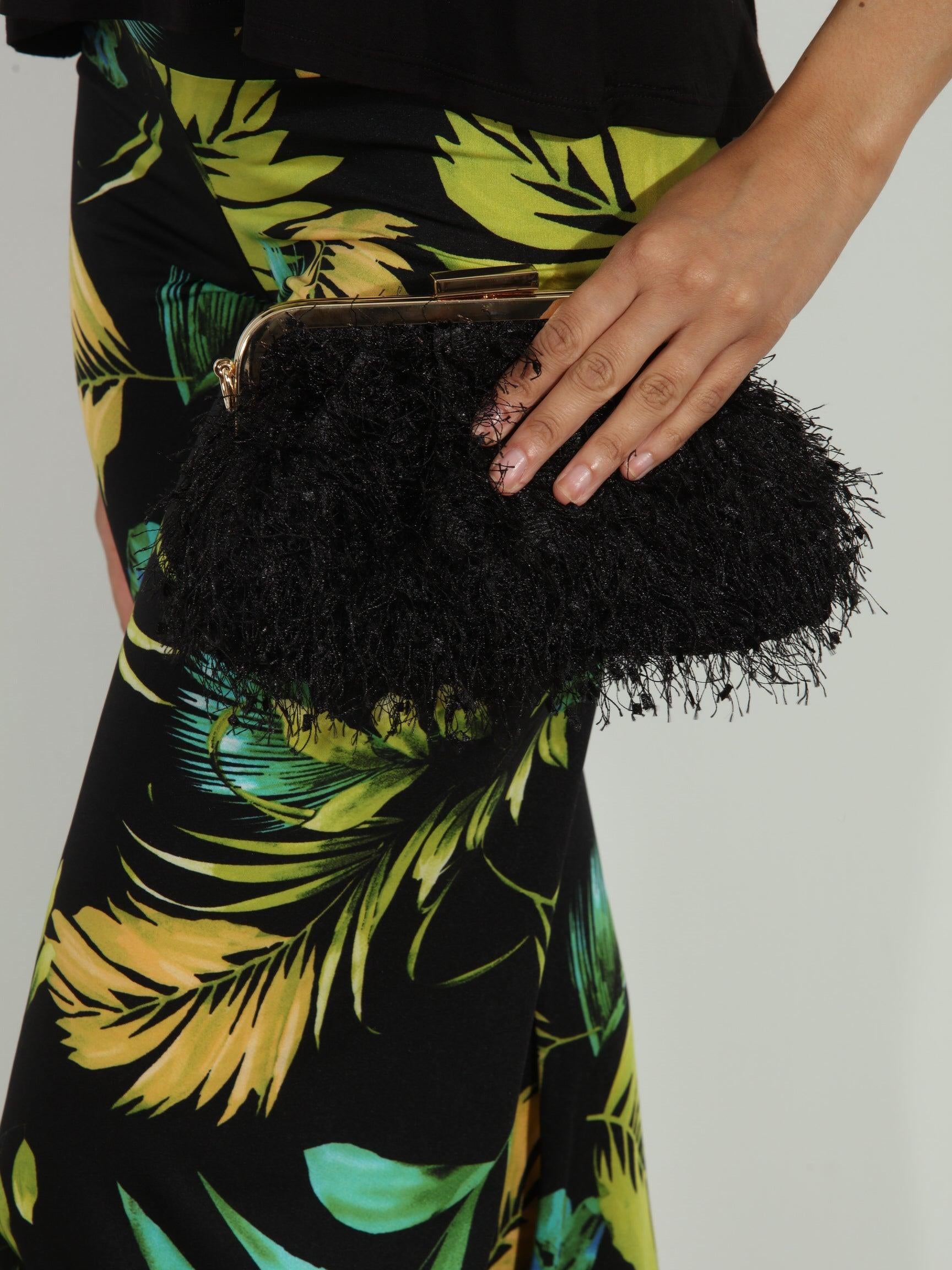 Black Faux Feather Pouch Clutch - FINAL SALE