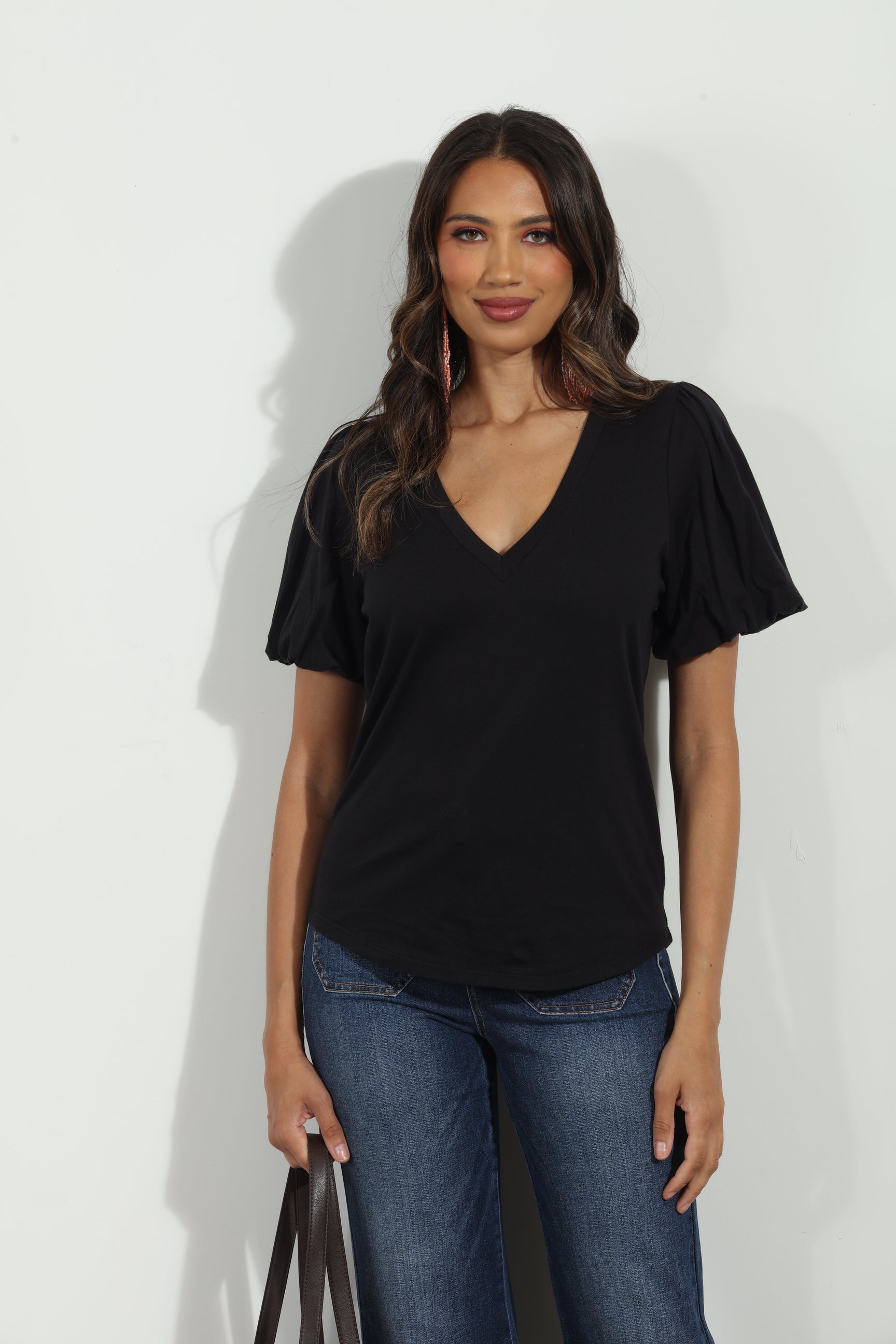 Black Cotton Puff Sleeve Tee-New Color
