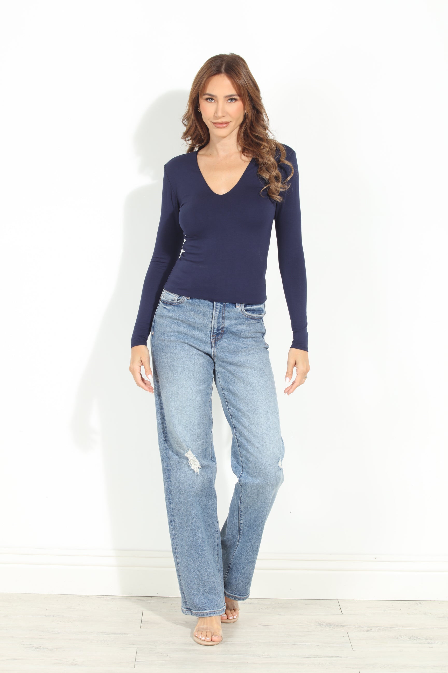 Navy Blue Lined V-Neck Top-BEST SELLER