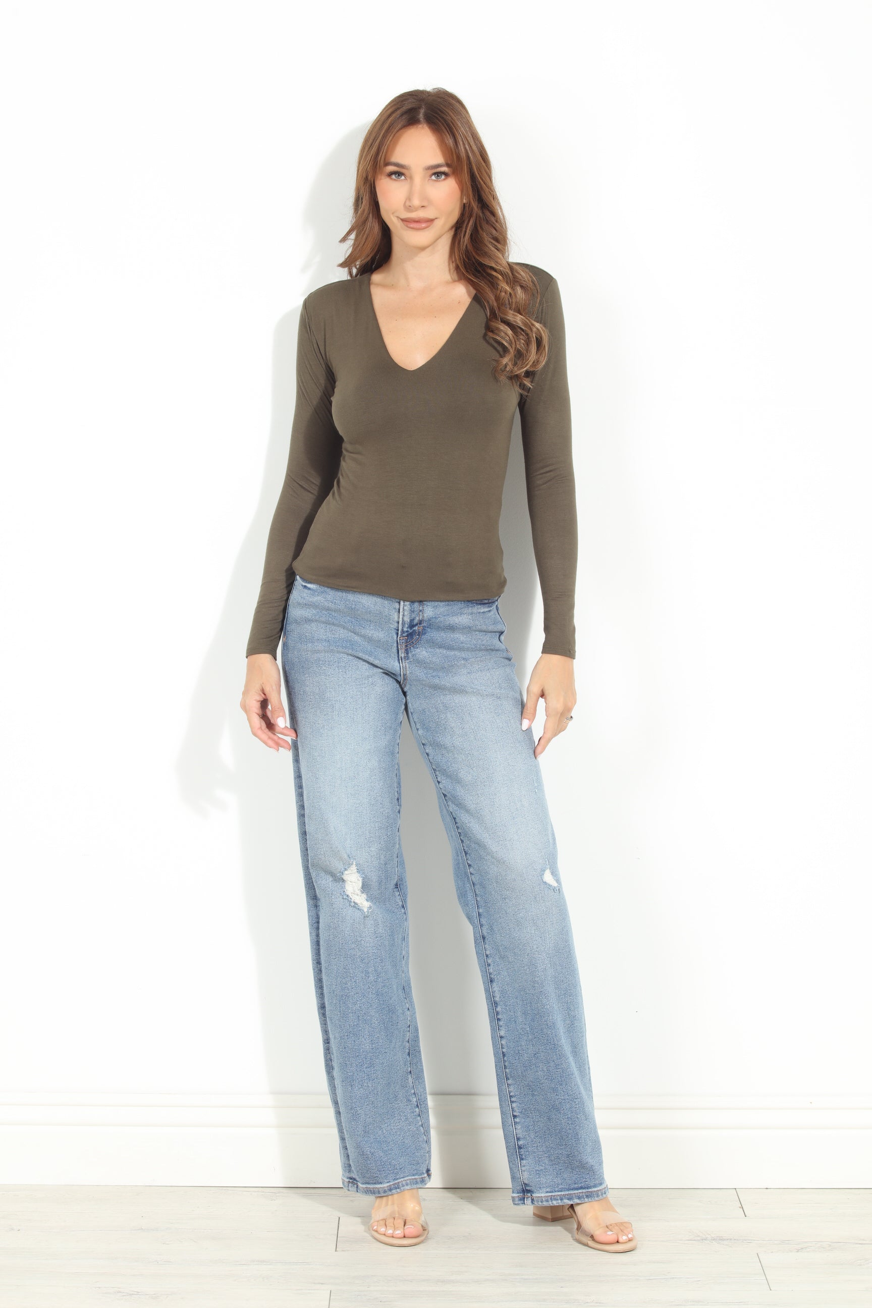 Olive Lined V-Neck Top-BEST SELLER