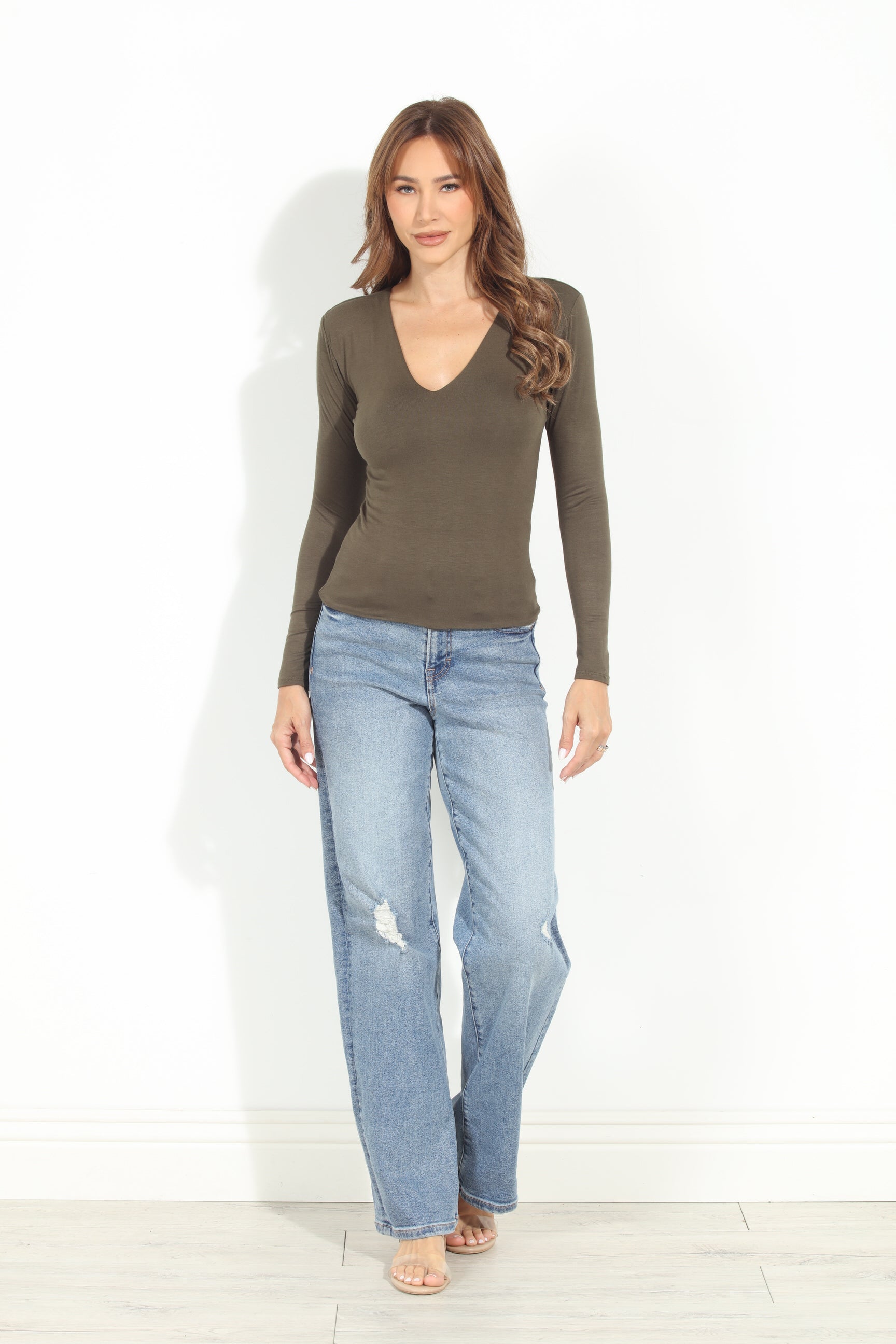 Olive Lined V-Neck Top-BEST SELLER