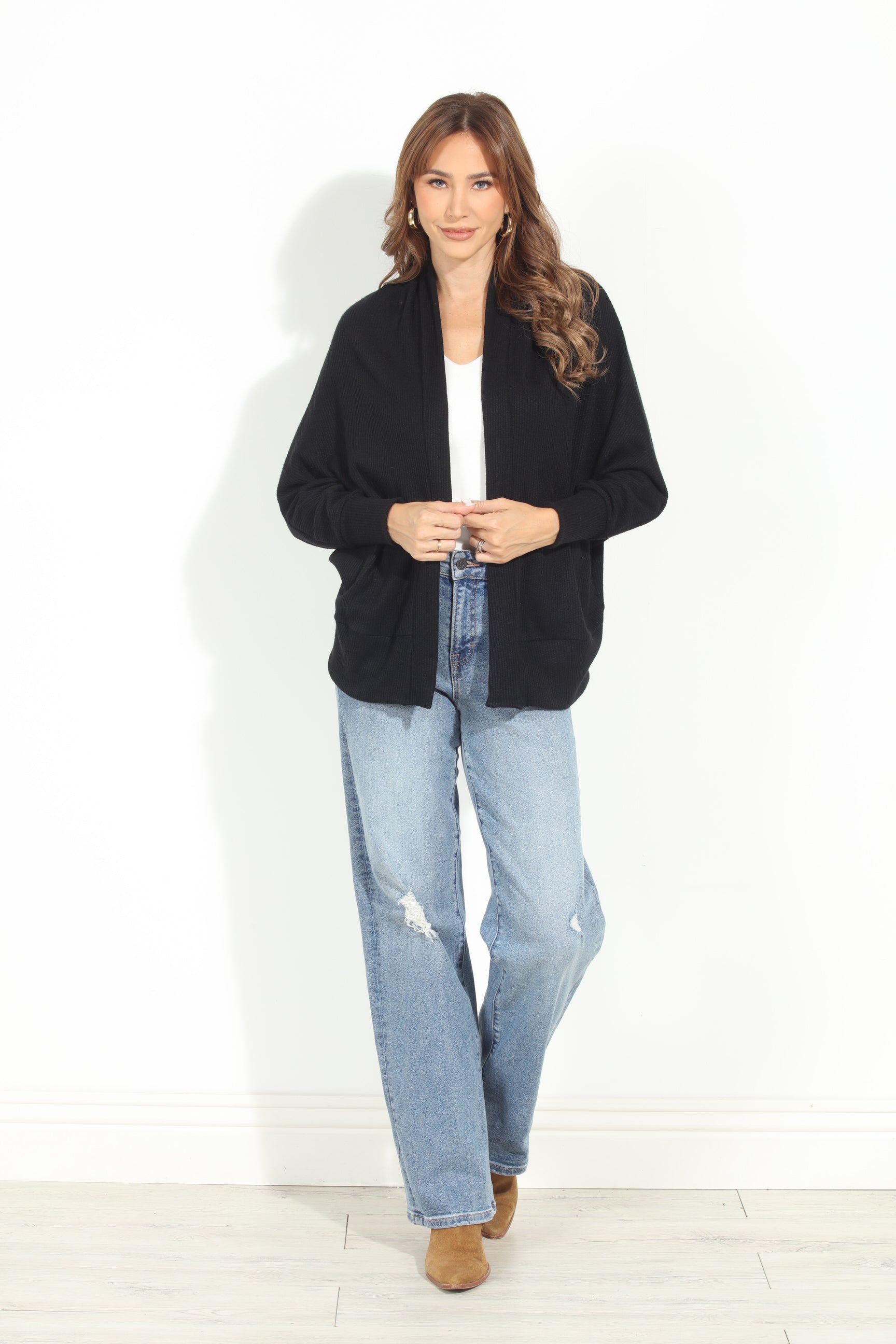 Black Cashmere Knit Draped Cardigan