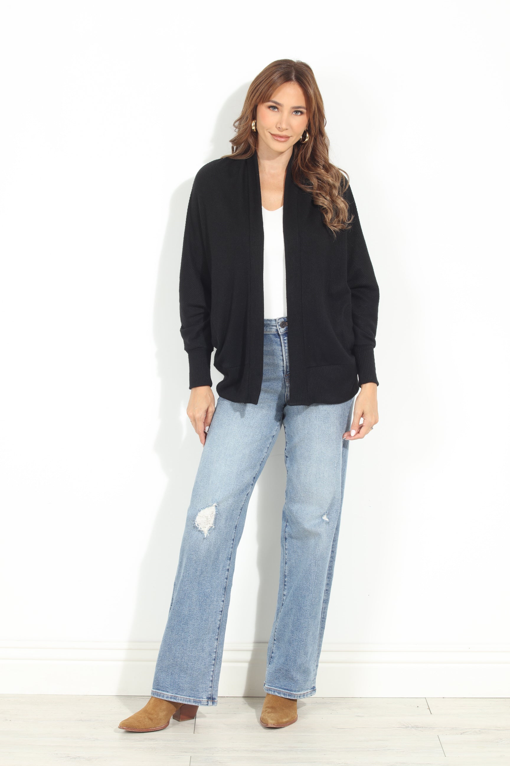 Black Cashmere Knit Draped Cardigan
