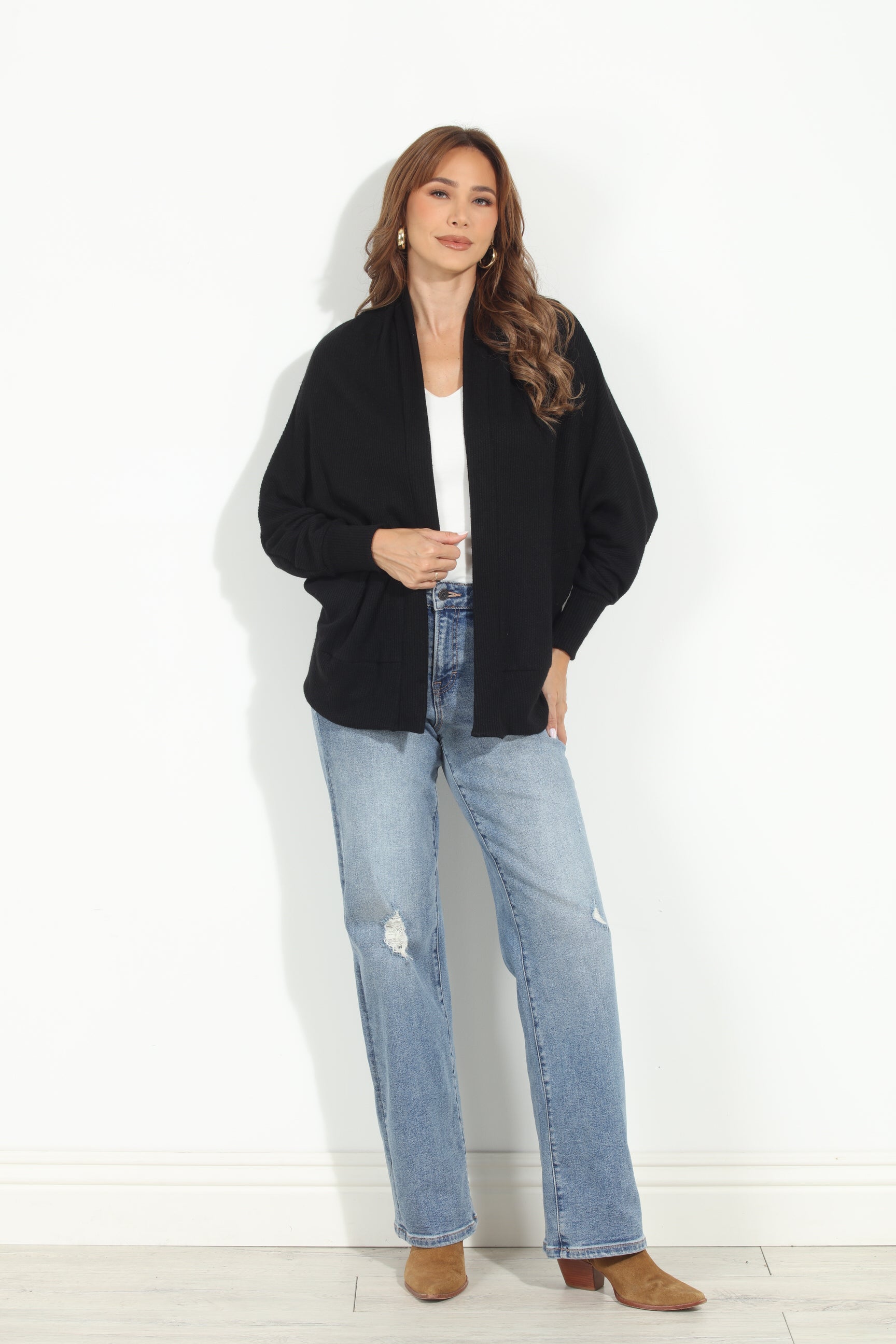 Black Cashmere Knit Draped Cardigan