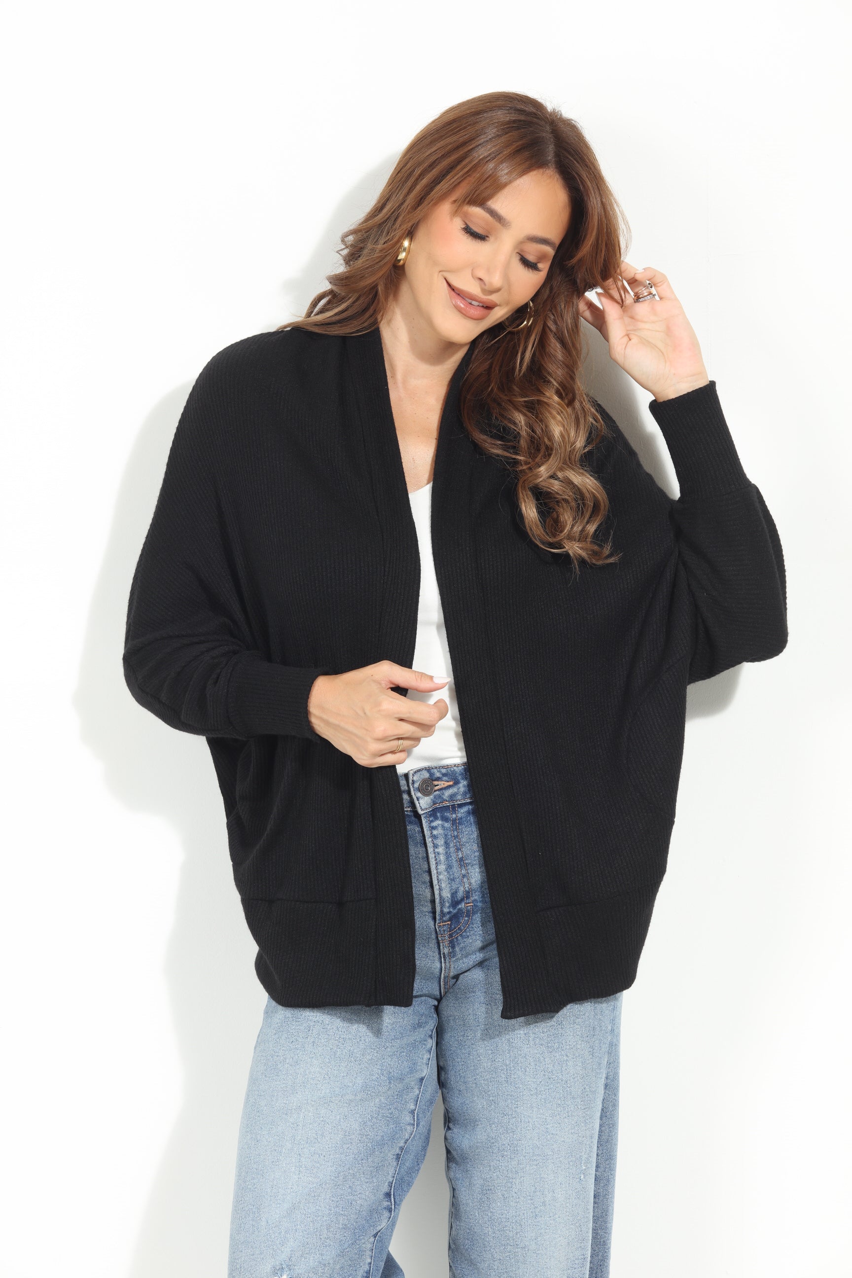 Black Cashmere Knit Draped Cardigan