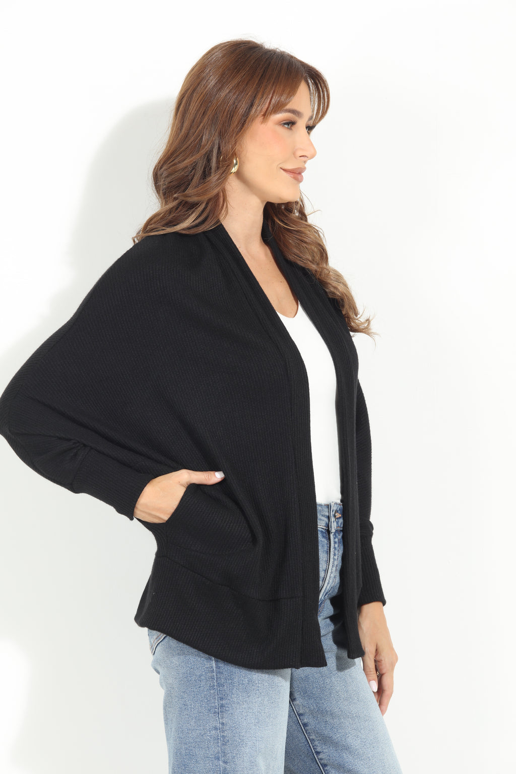 Black Cashmere Knit Draped Cardigan