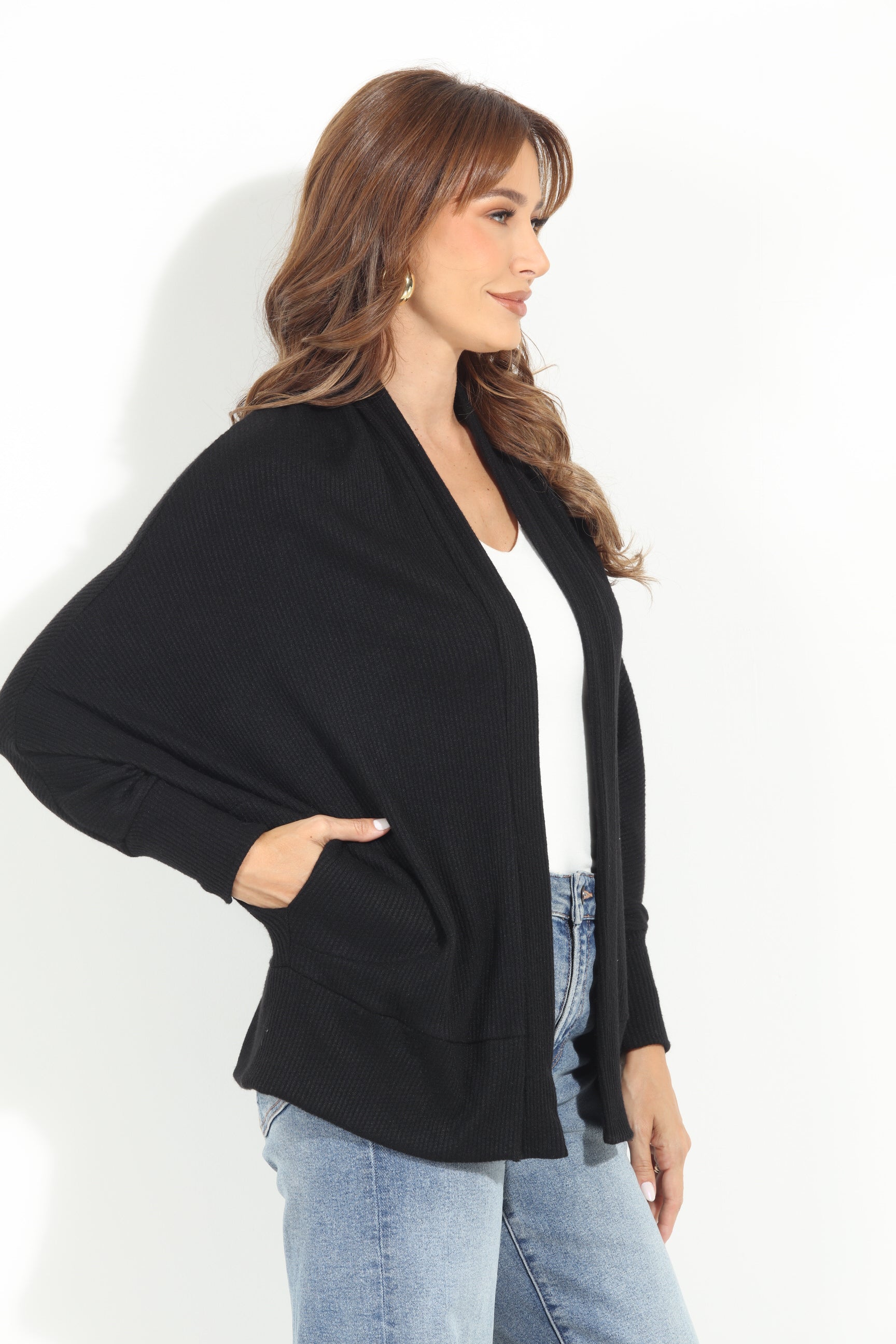 Black Cashmere Knit Draped Cardigan