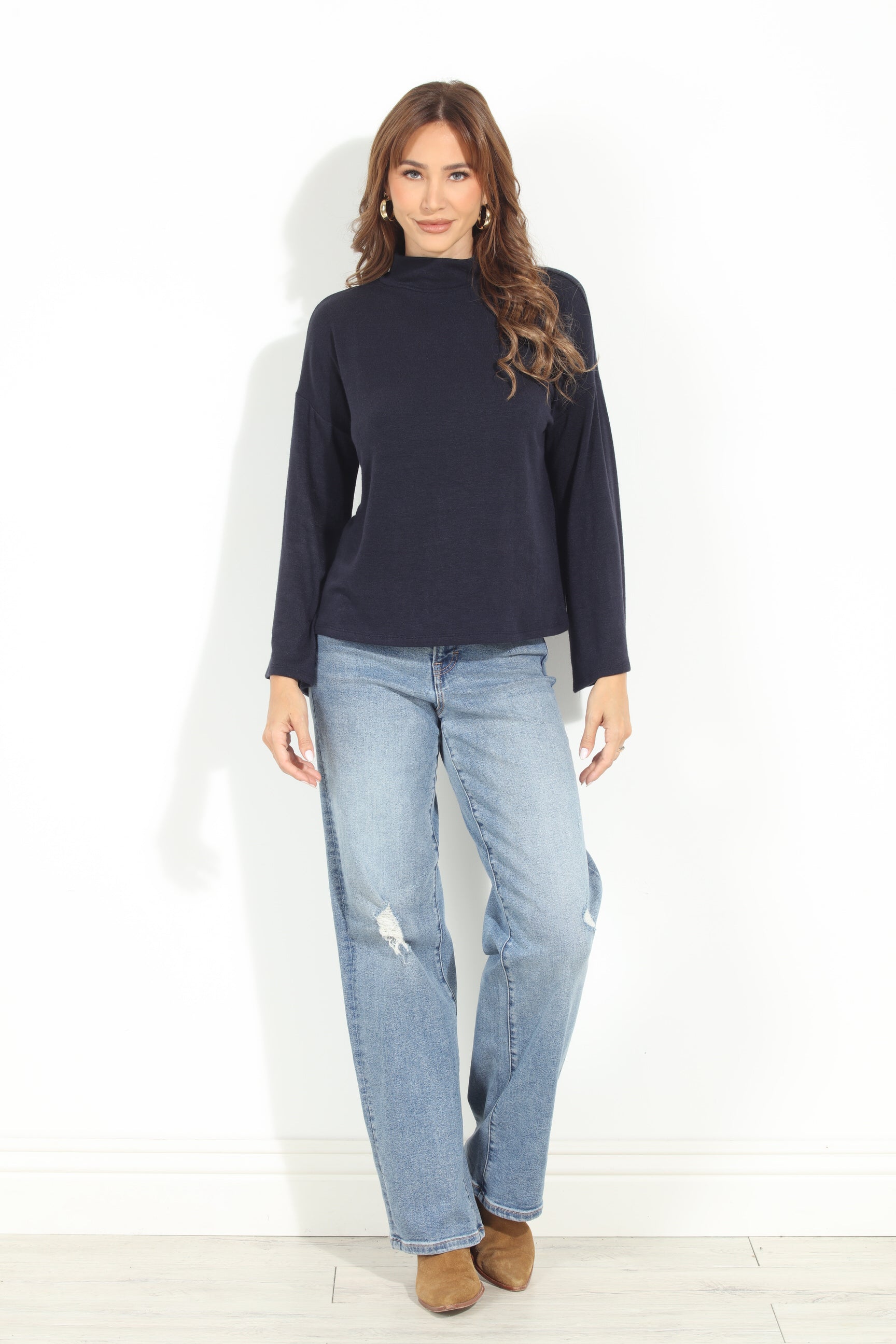 Navy Cashmere Mock Neck Knit Top